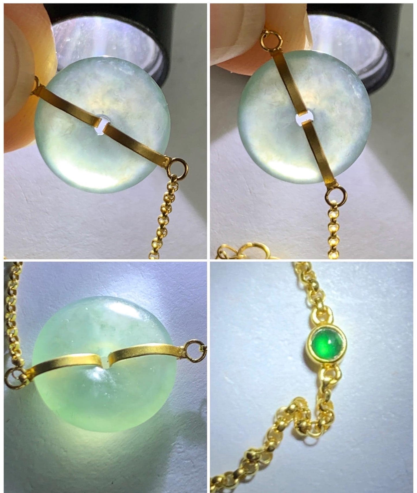 Certified Natural Grade A Icy Translucent Light Green Jade Jadeite Ping An Kou Donut 18K Yellow Gold Bracelet 6.25-6.75” 天然冰晴绿翡翠平安扣镶嵌手链 9461