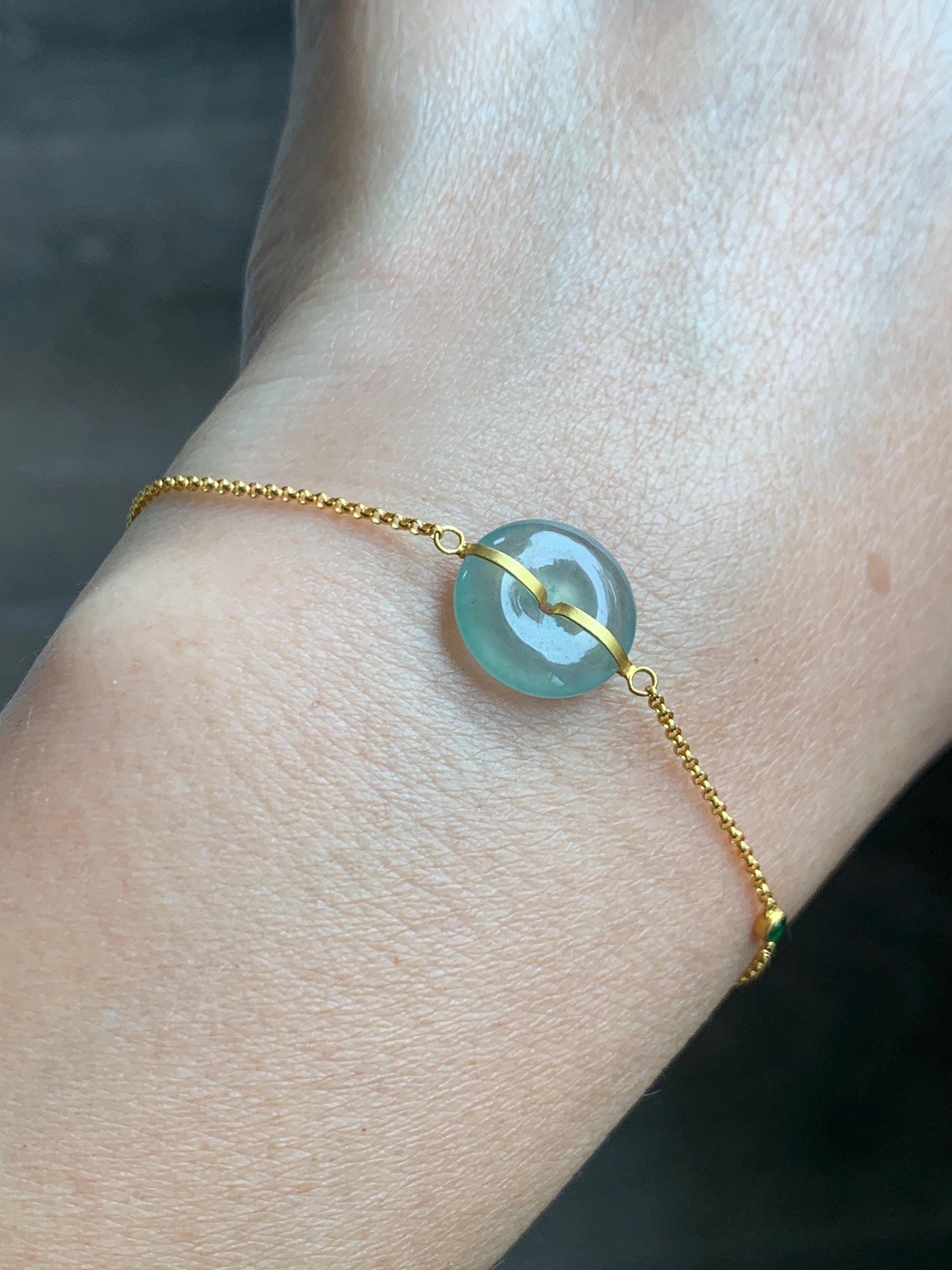 Certified Natural Grade A Icy Translucent Light Green Jade Jadeite Ping An Kou Donut 18K Yellow Gold Bracelet 6.25-6.75” 天然冰晴绿翡翠平安扣镶嵌手链 9461