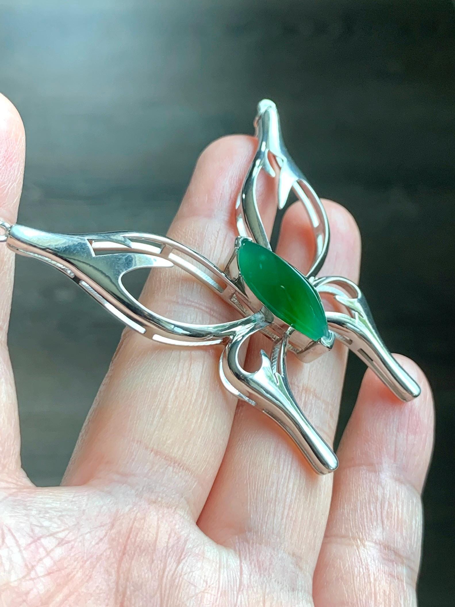 Certified Natural Grade A Guatemalan Icy Translucent Green Jade Jadeite Butterfly Pendant Necklace Sterling Silver 22” 天然冰危绿翡翠蝴蝶镶嵌项链 9458