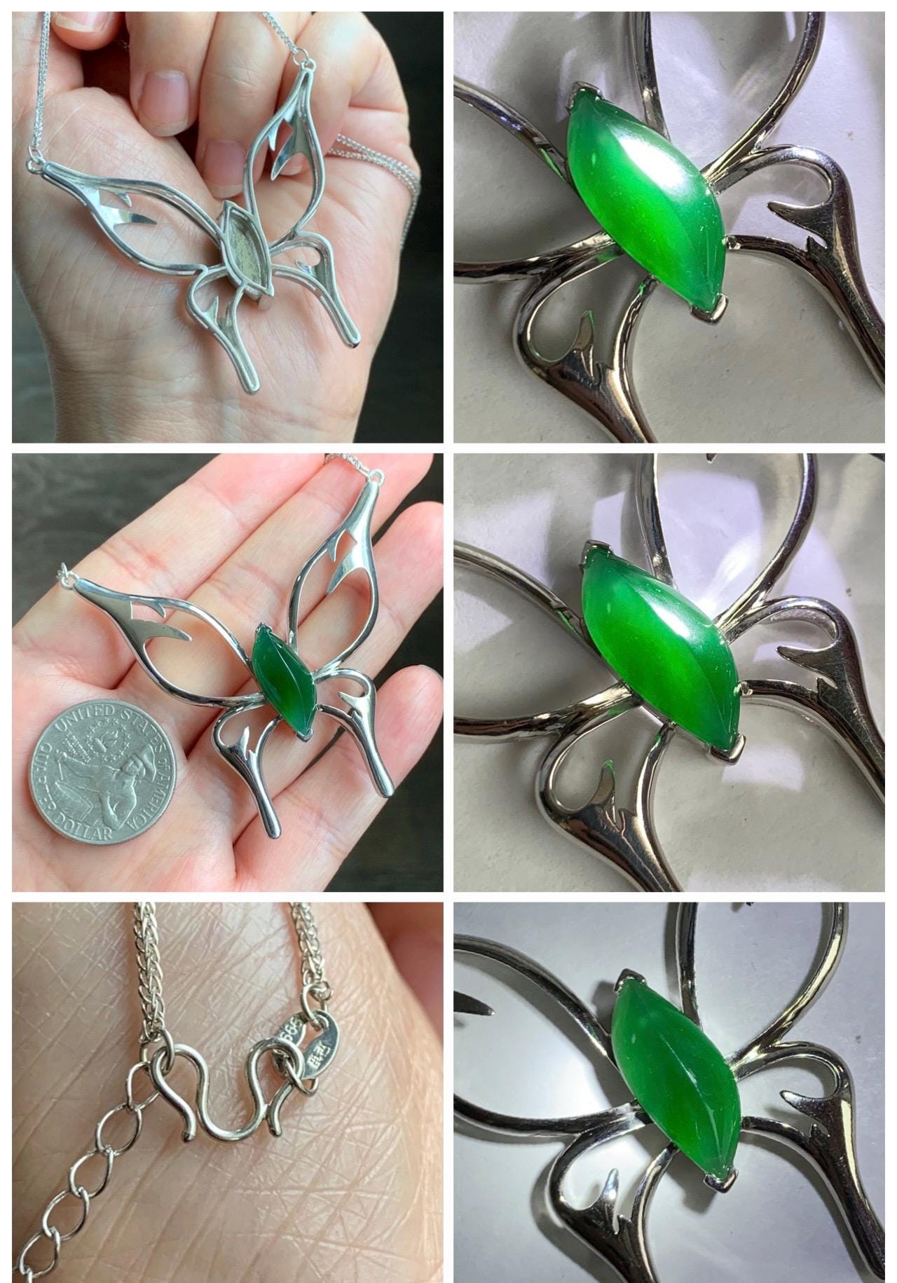 Certified Natural Grade A Guatemalan Icy Translucent Green Jade Jadeite Butterfly Pendant Necklace Sterling Silver 22” 天然冰危绿翡翠蝴蝶镶嵌项链 9458