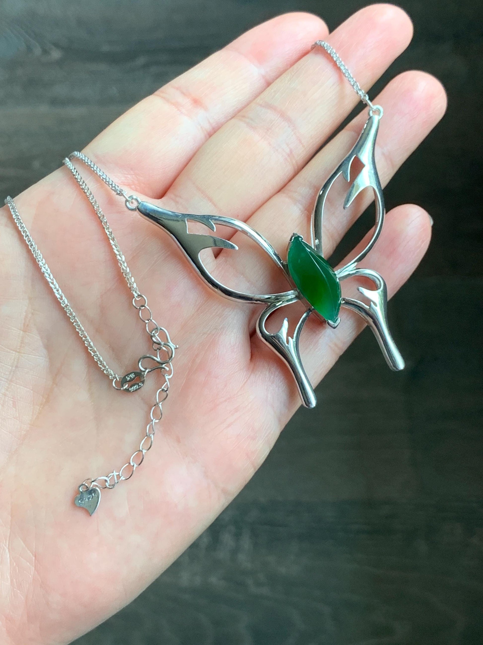 Certified Natural Grade A Guatemalan Icy Translucent Green Jade Jadeite Butterfly Pendant Necklace Sterling Silver 22” 天然冰危绿翡翠蝴蝶镶嵌项链 9458
