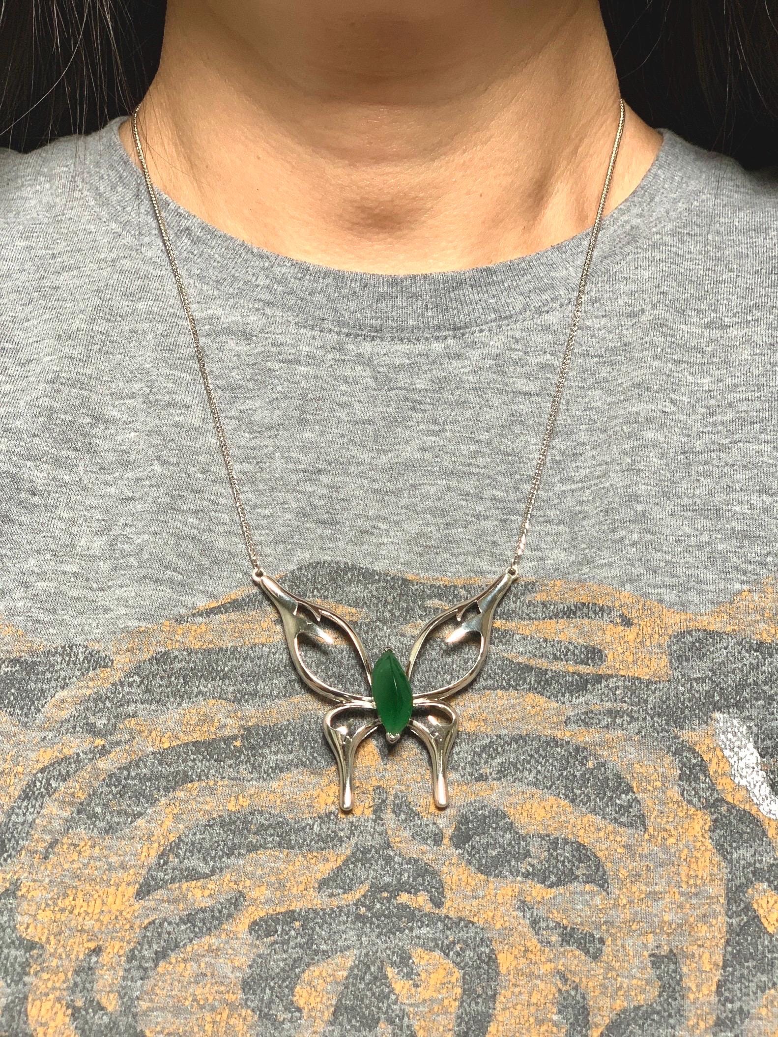 Certified Natural Grade A Guatemalan Icy Translucent Green Jade Jadeite Butterfly Pendant Necklace Sterling Silver 22” 天然冰危绿翡翠蝴蝶镶嵌项链 9458