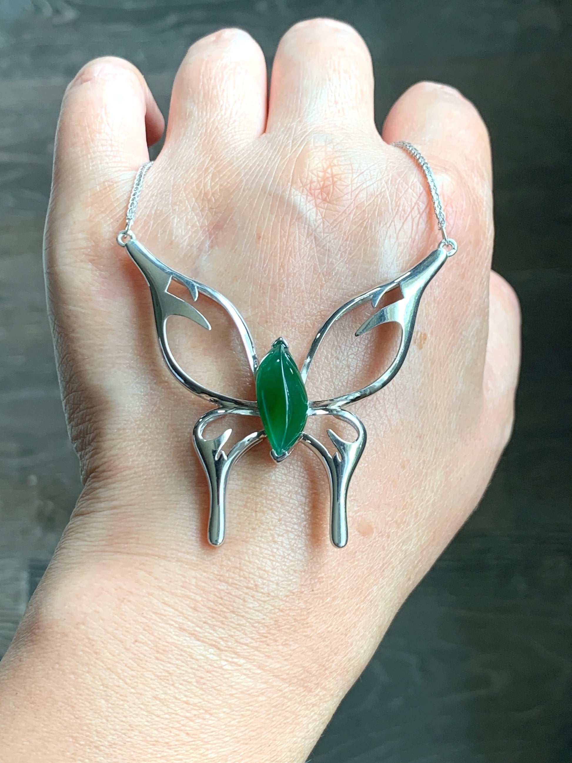 Certified Natural Grade A Guatemalan Icy Translucent Green Jade Jadeite Butterfly Pendant Necklace Sterling Silver 22” 天然冰危绿翡翠蝴蝶镶嵌项链 9458