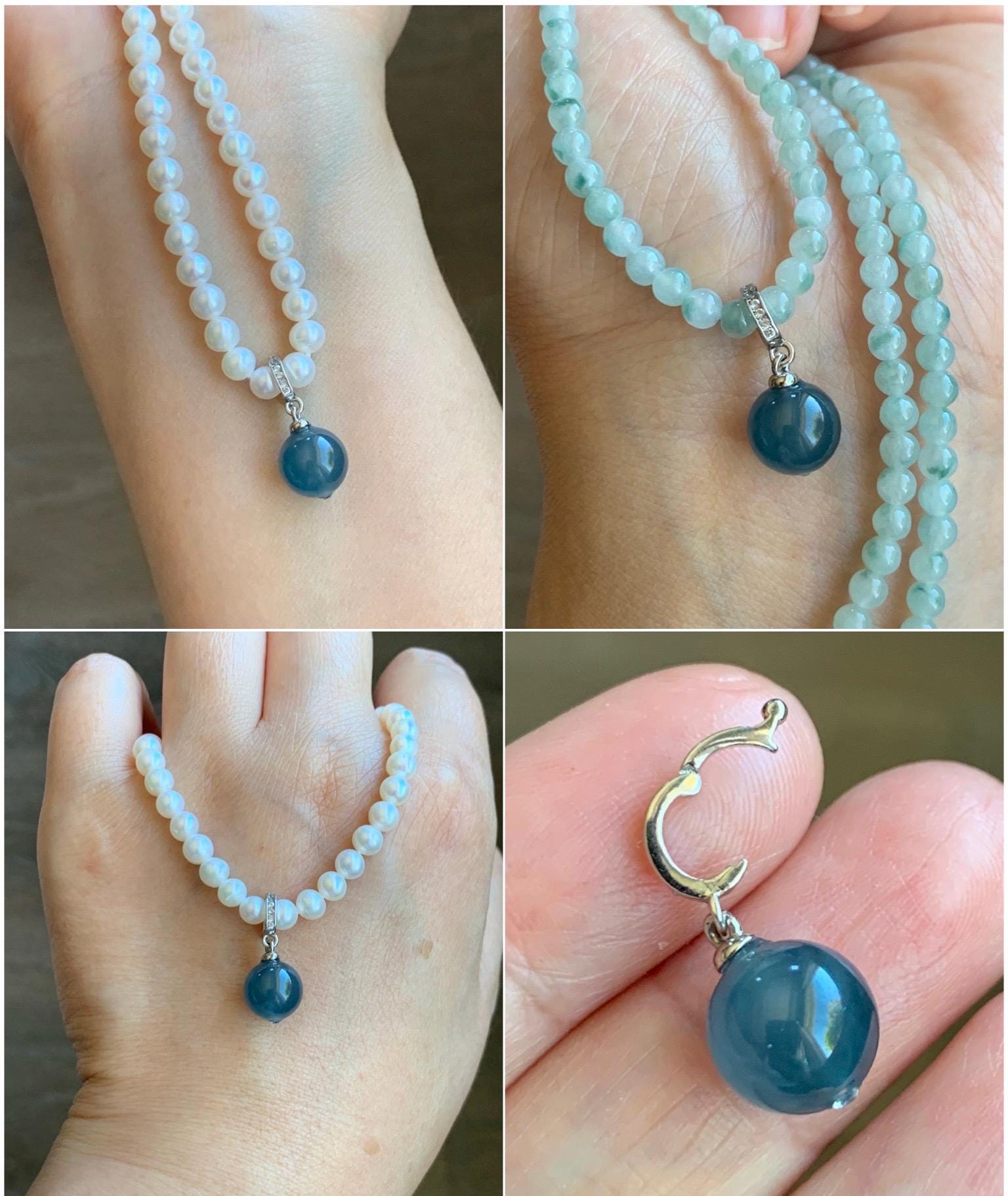 Natural Grade A Guatemalan Icy Highly Translucent Aegean Blue Jade Jadeite Bead Sphere Pendant Sterling Silver 天然冰危牛仔蓝翡翠单珠镶嵌吊坠 NZL99B