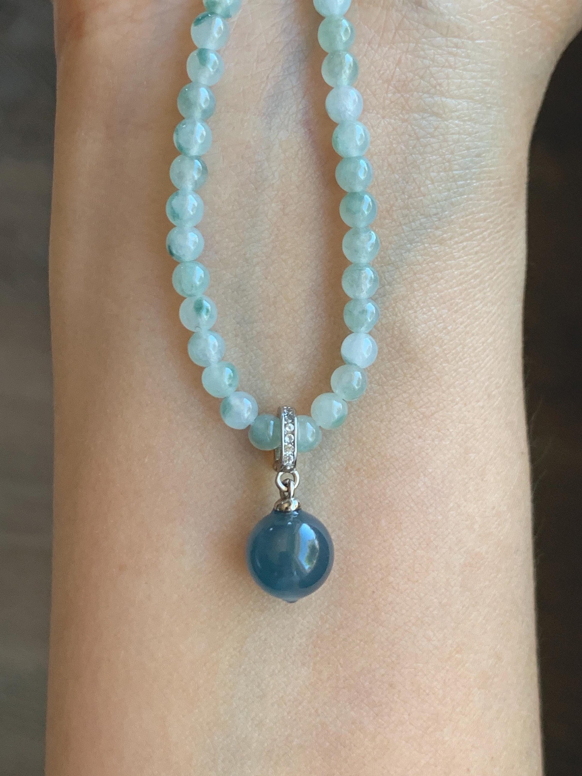 Natural Grade A Guatemalan Icy Highly Translucent Aegean Blue Jade Jadeite Bead Sphere Pendant Sterling Silver 天然冰危牛仔蓝翡翠单珠镶嵌吊坠 NZL99B