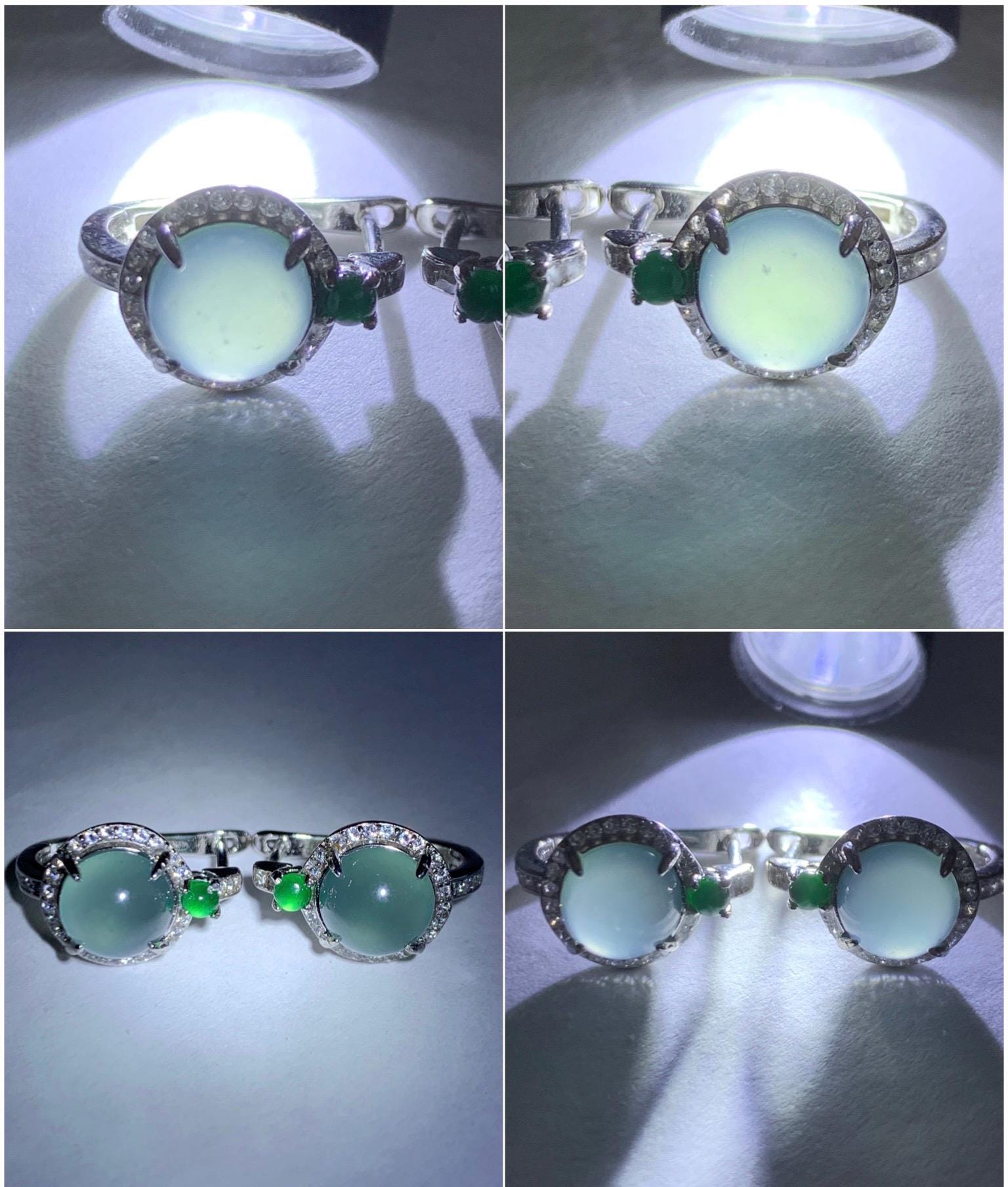 Natural Grade A Guatemalan Icy Highly Translucent Light Teal Blue Jade Jadeite Halo Huggie Earrings Sterling Silver 天然冰危起光淡蓝翡翠镶嵌耳包 DLE120