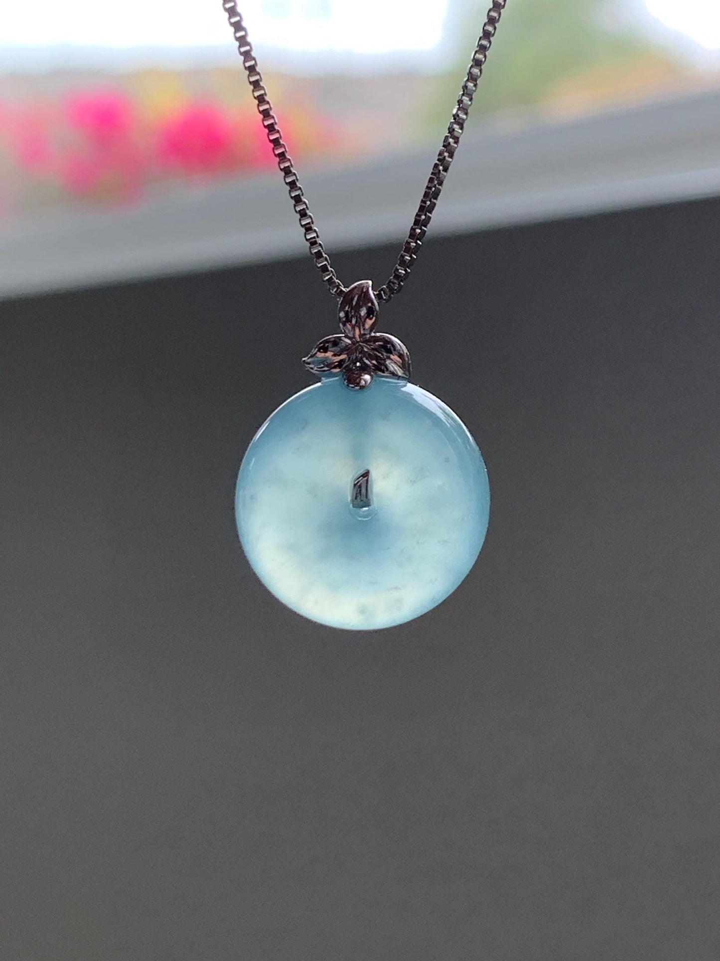Certified Natural Guatemalan Icy Highly Translucent Teal Blue Jade Jadeite Ping An Kou Donut Pendant 14K White Gold 天然冰危蓝平安扣镶嵌吊坠 9435