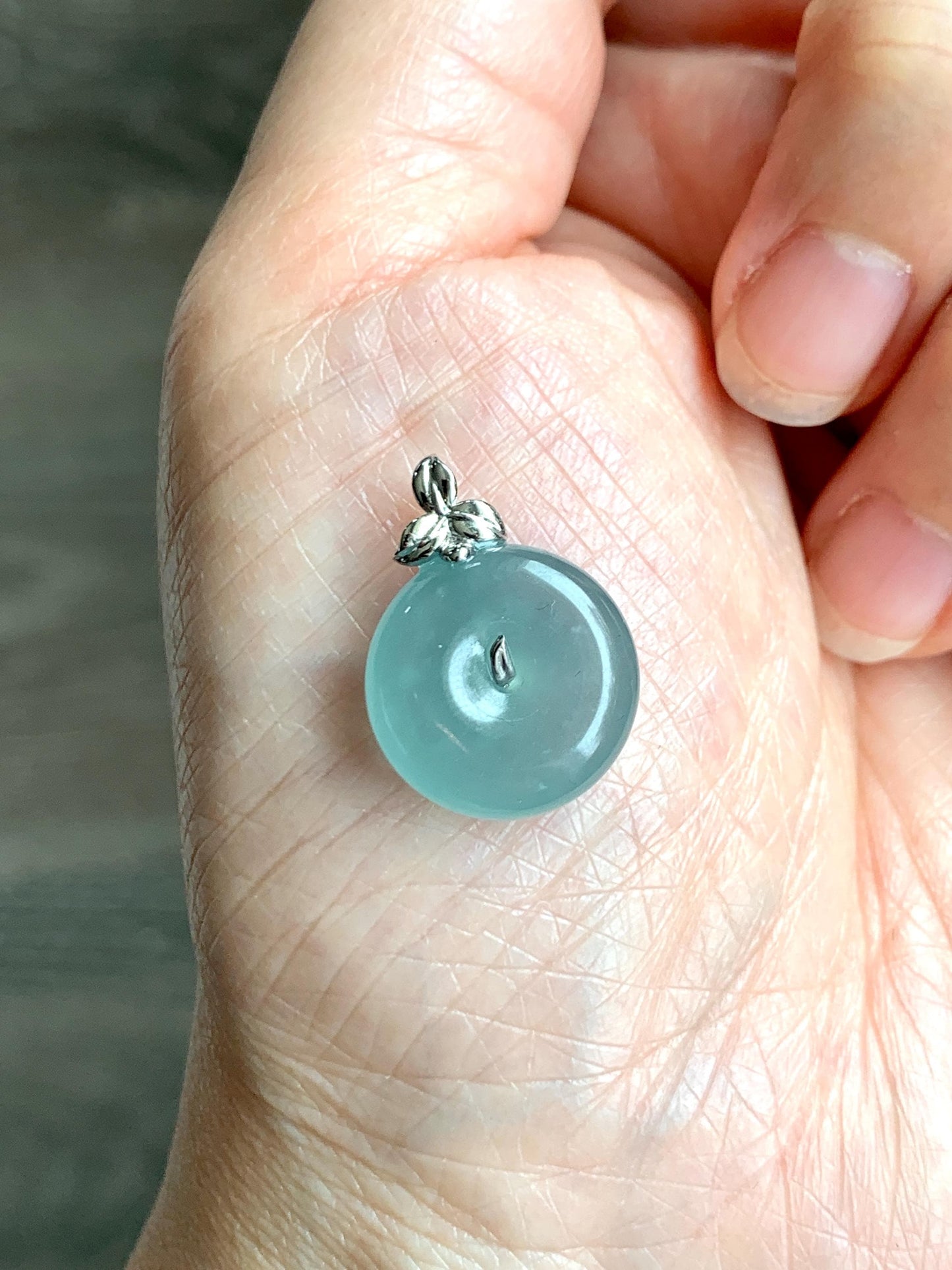 Certified Natural Guatemalan Icy Highly Translucent Teal Blue Jade Jadeite Ping An Kou Donut Pendant 14K White Gold 天然冰危蓝平安扣镶嵌吊坠 9435