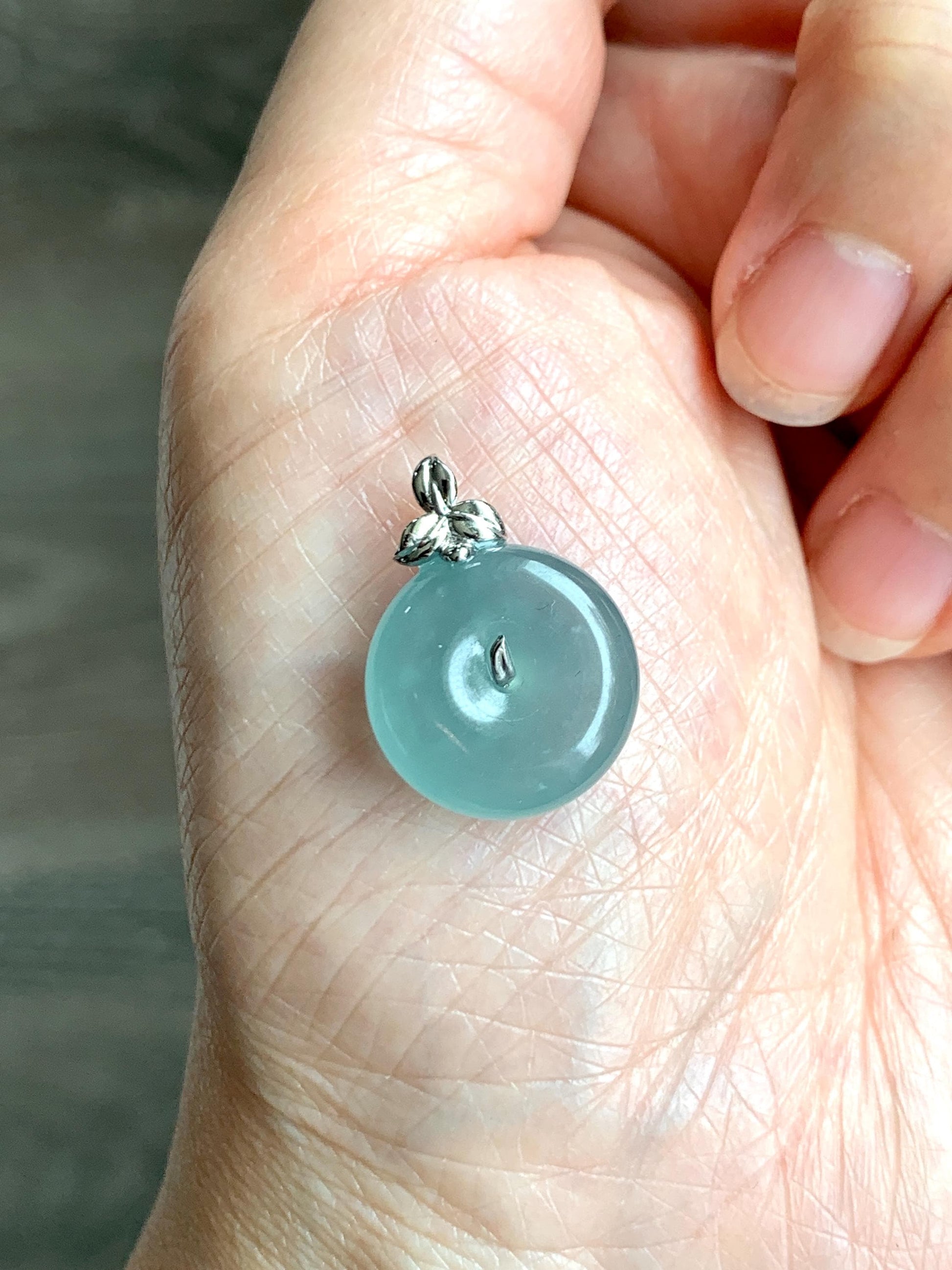 Certified Natural Guatemalan Icy Highly Translucent Teal Blue Jade Jadeite Ping An Kou Donut Pendant 14K White Gold 天然冰危蓝平安扣镶嵌吊坠 9435
