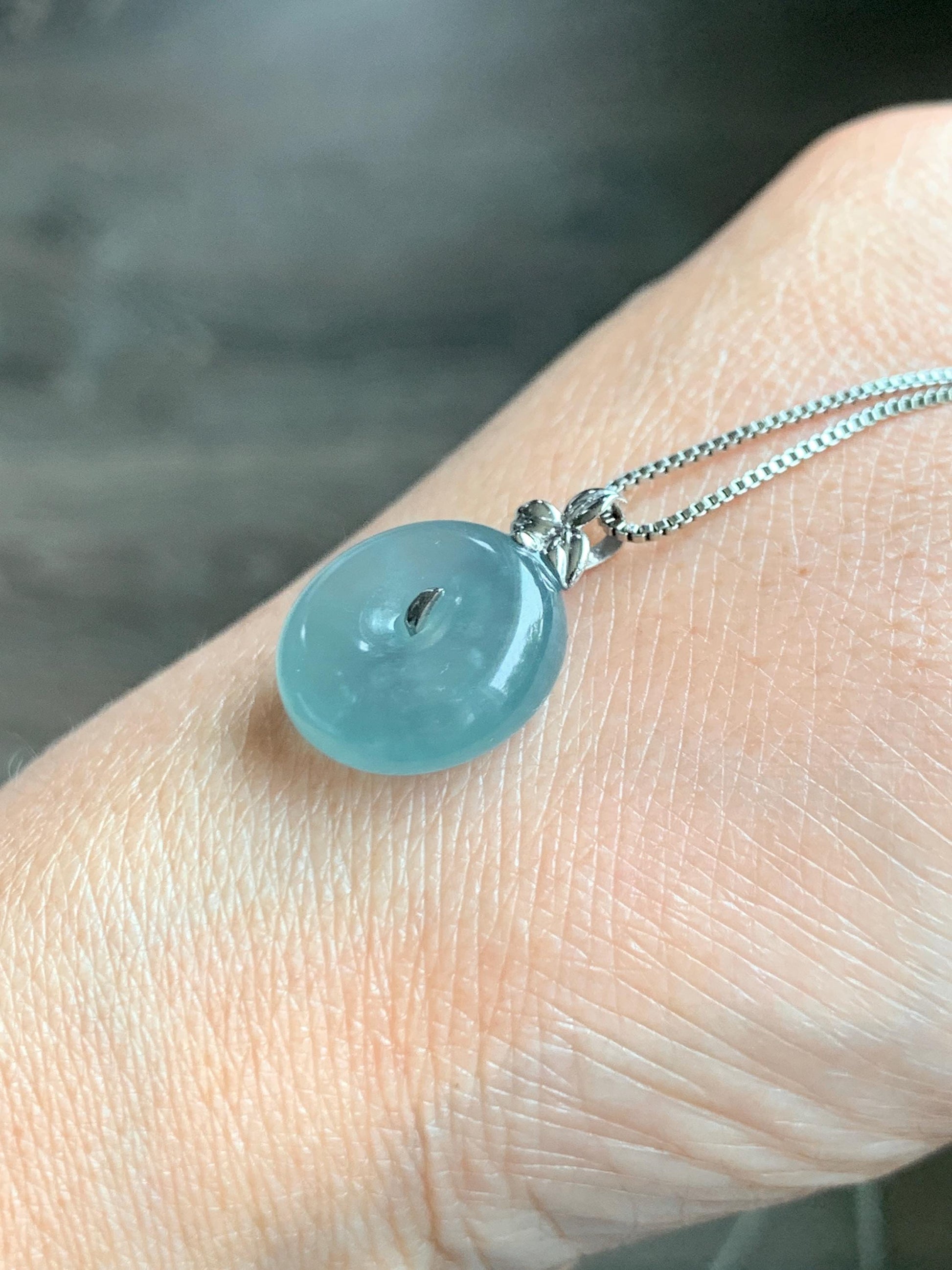 Certified Natural Guatemalan Icy Highly Translucent Teal Blue Jade Jadeite Ping An Kou Donut Pendant 14K White Gold 天然冰危蓝平安扣镶嵌吊坠 9435