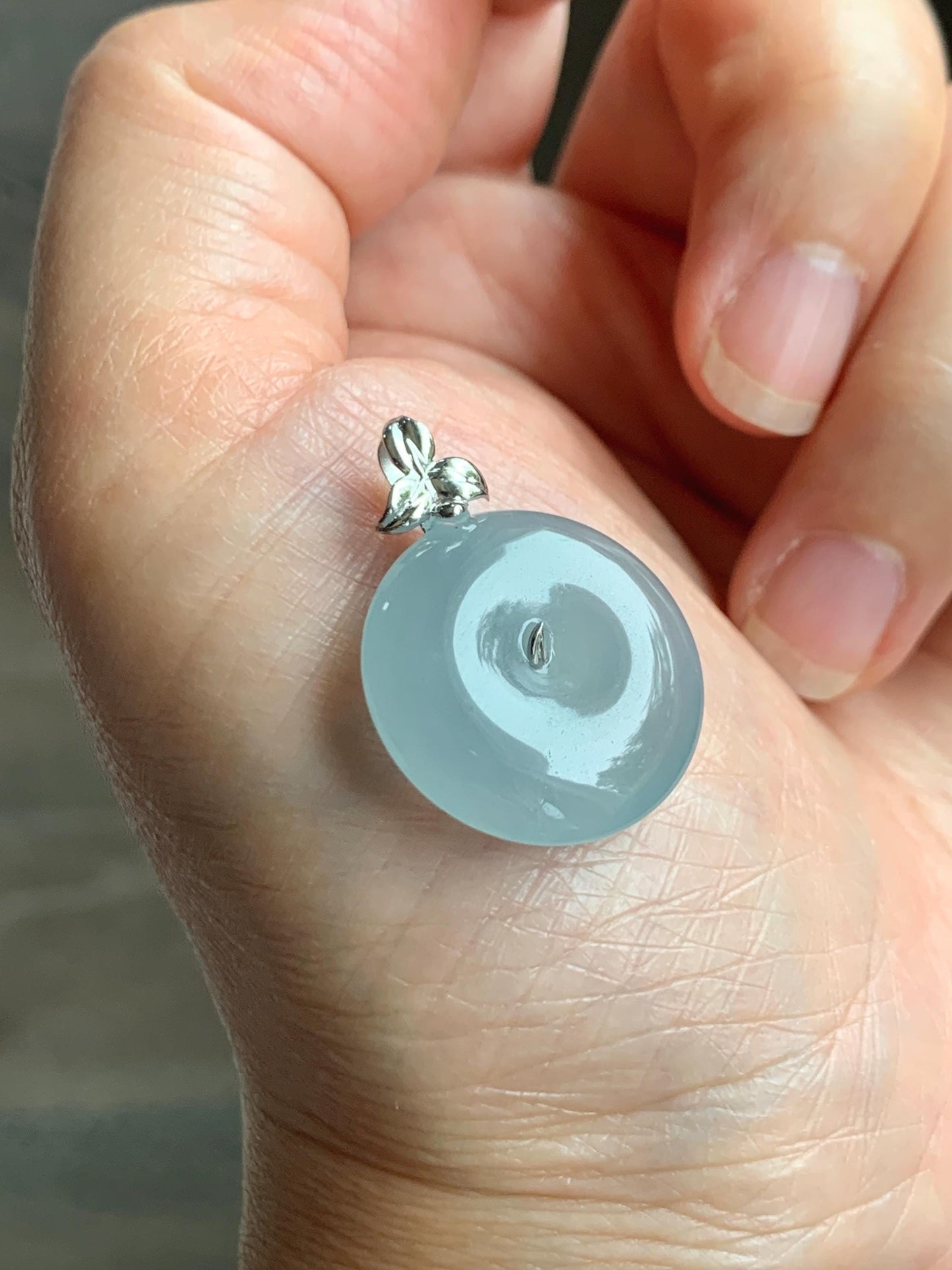 Certified Natural Guatemalan Icy Highly Translucent Pastel Teal Jade Jadeite Ping An Kou Donut Pendant 14K White Gold 天然冰危浅蓝绿平安扣镶嵌吊坠 9419