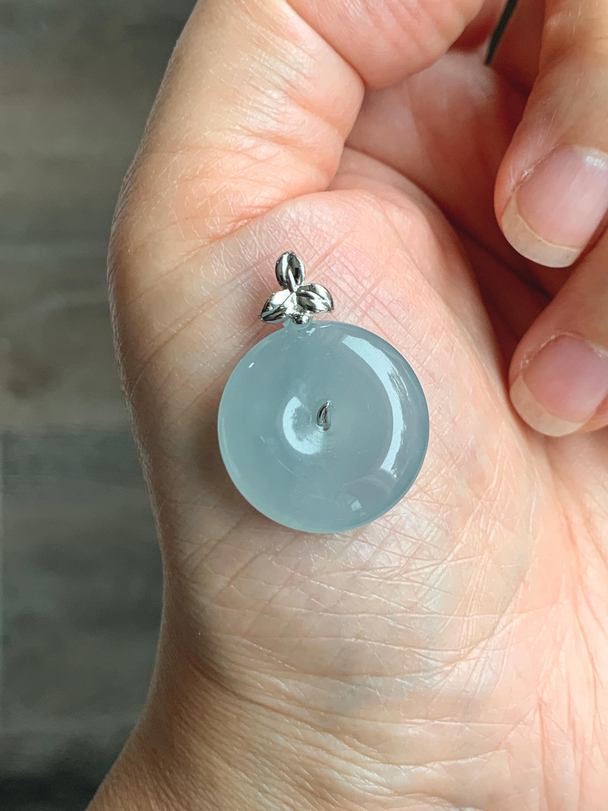 Certified Natural Guatemalan Icy Highly Translucent Pastel Teal Jade Jadeite Ping An Kou Donut Pendant 14K White Gold 天然冰危浅蓝绿平安扣镶嵌吊坠 9419