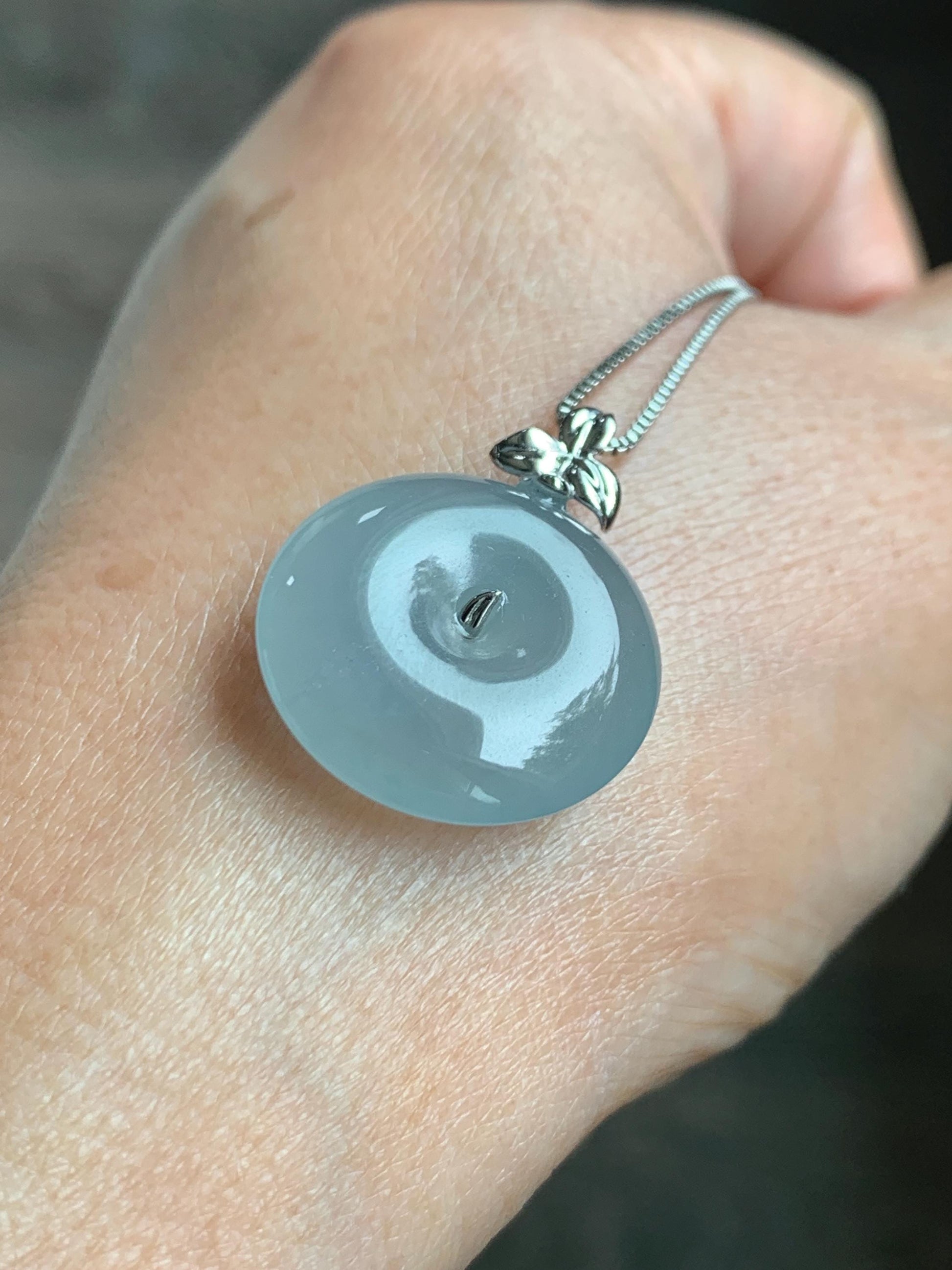 Certified Natural Guatemalan Icy Highly Translucent Pastel Teal Jade Jadeite Ping An Kou Donut Pendant 14K White Gold 天然冰危浅蓝绿平安扣镶嵌吊坠 9419