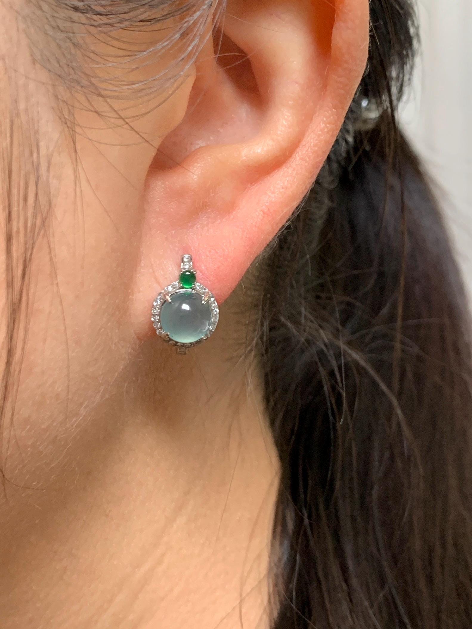 Natural Grade A Guatemalan Icy Highly Translucent Light Teal Blue Jade Jadeite Halo Huggie Earrings Sterling Silver 天然冰危起光淡蓝翡翠镶嵌耳包 DLE120