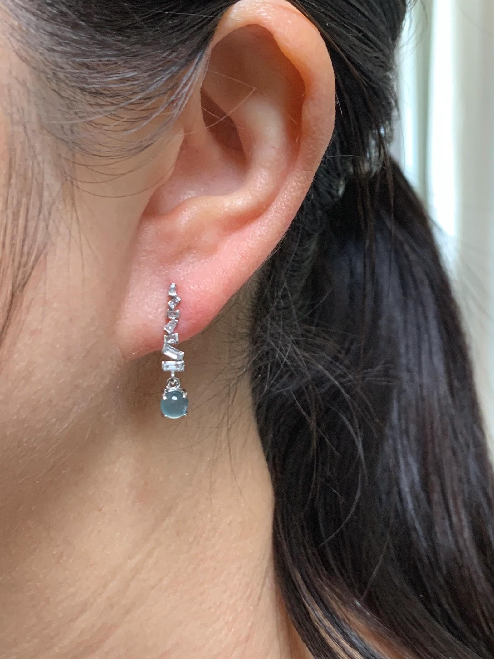Natural Grade A Guatemalan Icy Highly Translucent Light Teal Blue Jade Jadeite Stud Dangle Earrings Sterling Silver 天然冰危浅蓝翡翠耳钉 WLD75