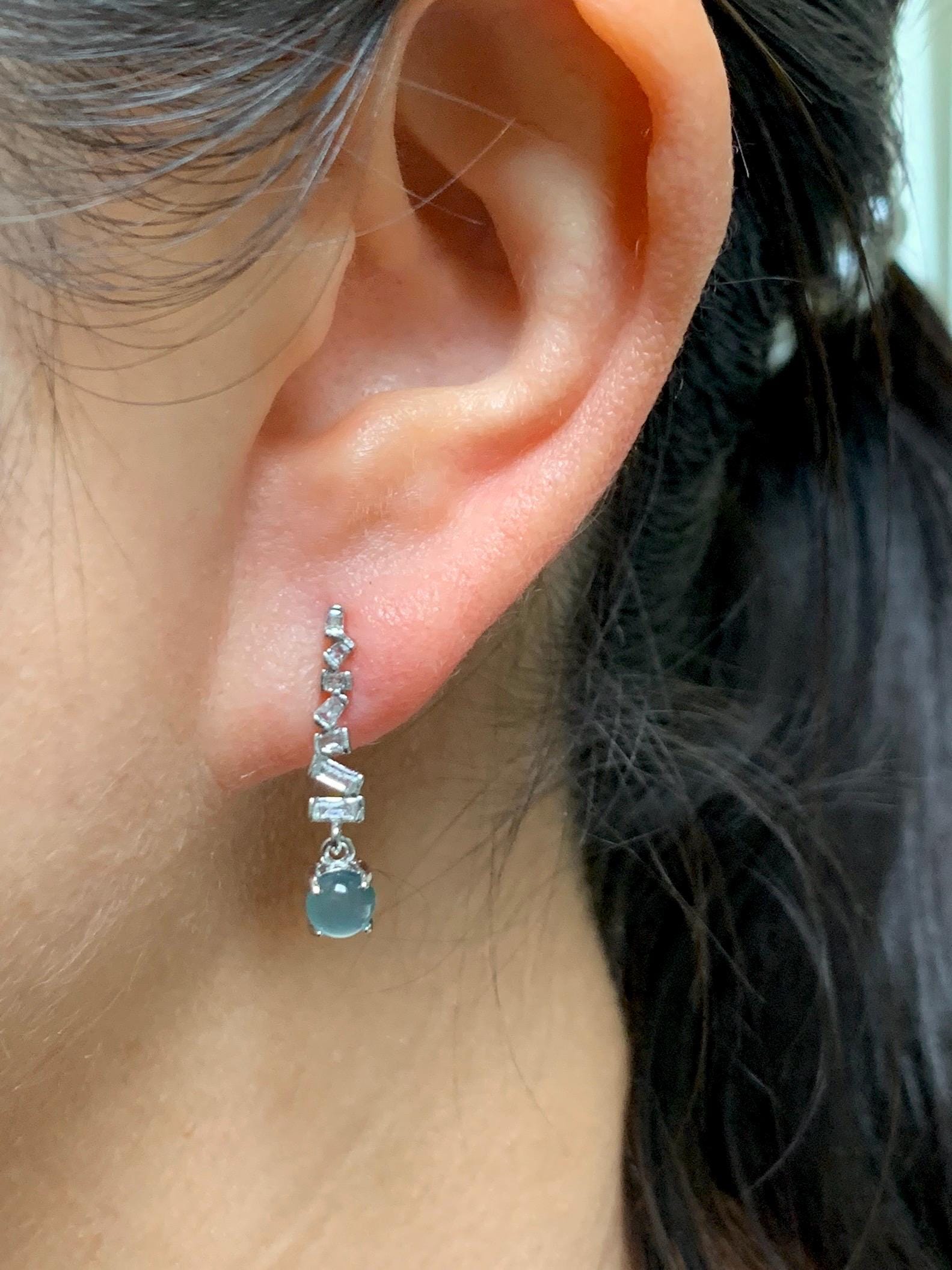 Natural Grade A Guatemalan Icy Highly Translucent Light Teal Blue Jade Jadeite Stud Dangle Earrings Sterling Silver 天然冰危浅蓝翡翠耳钉 WLD75