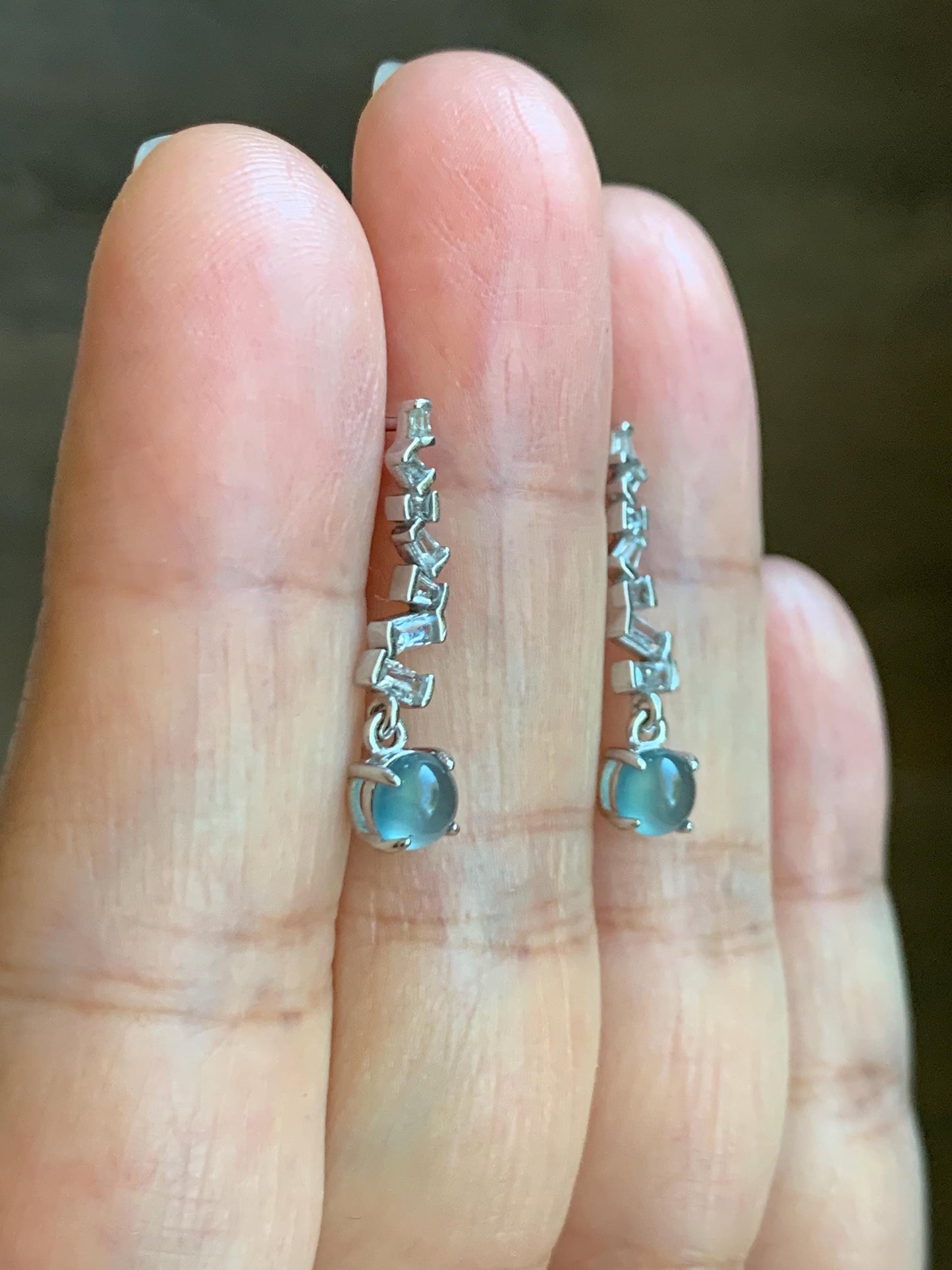 Natural Grade A Guatemalan Icy Highly Translucent Light Teal Blue Jade Jadeite Stud Dangle Earrings Sterling Silver 天然冰危浅蓝翡翠耳钉 WLD75