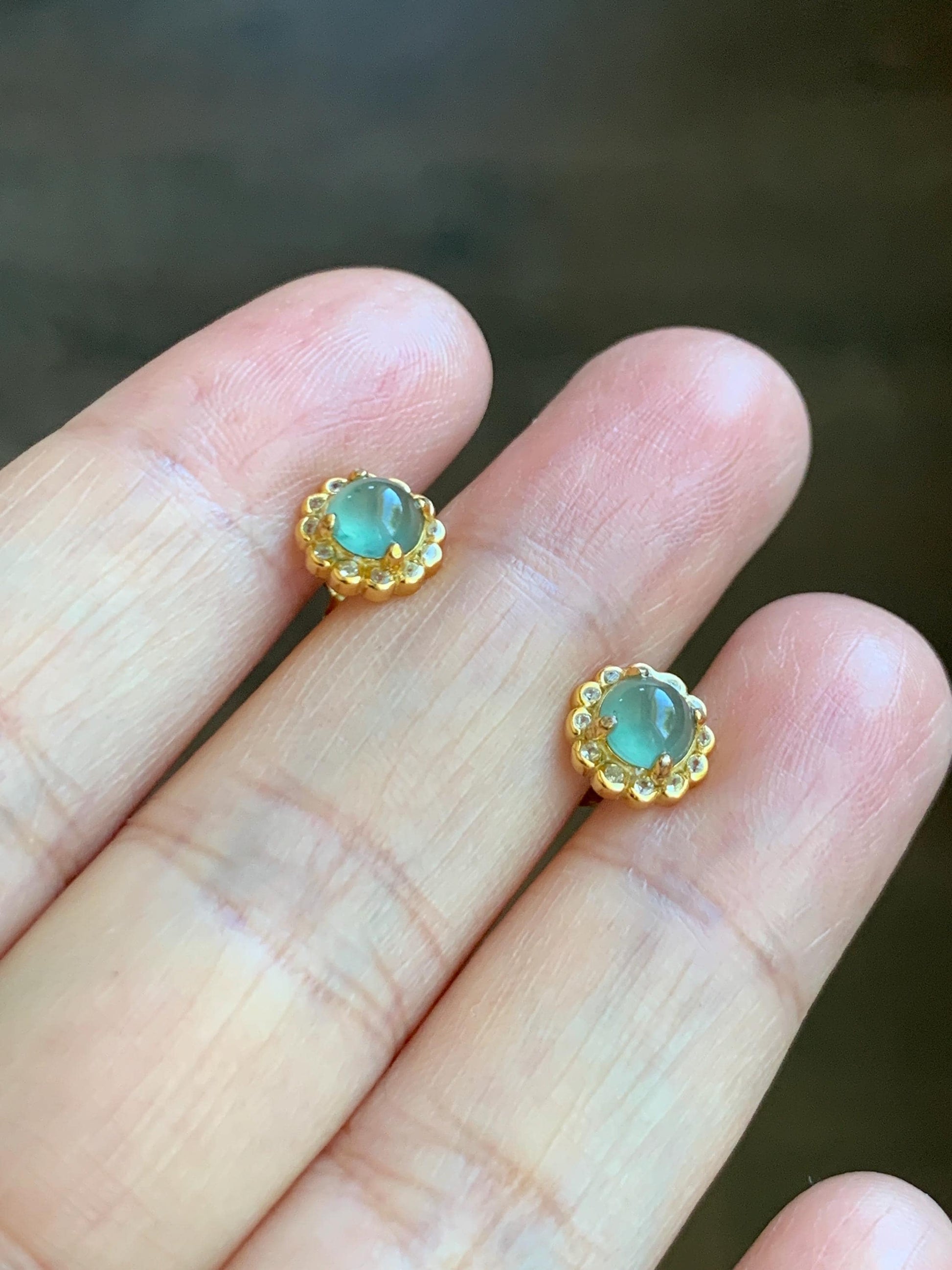 Natural Grade A Guatemalan Icy Highly Translucent Light Teal Green Jade Jadeite Halo Stud Earrings Sterling Silver 天然冰危浅蓝绿翡翠银镶耳钉 XHO55