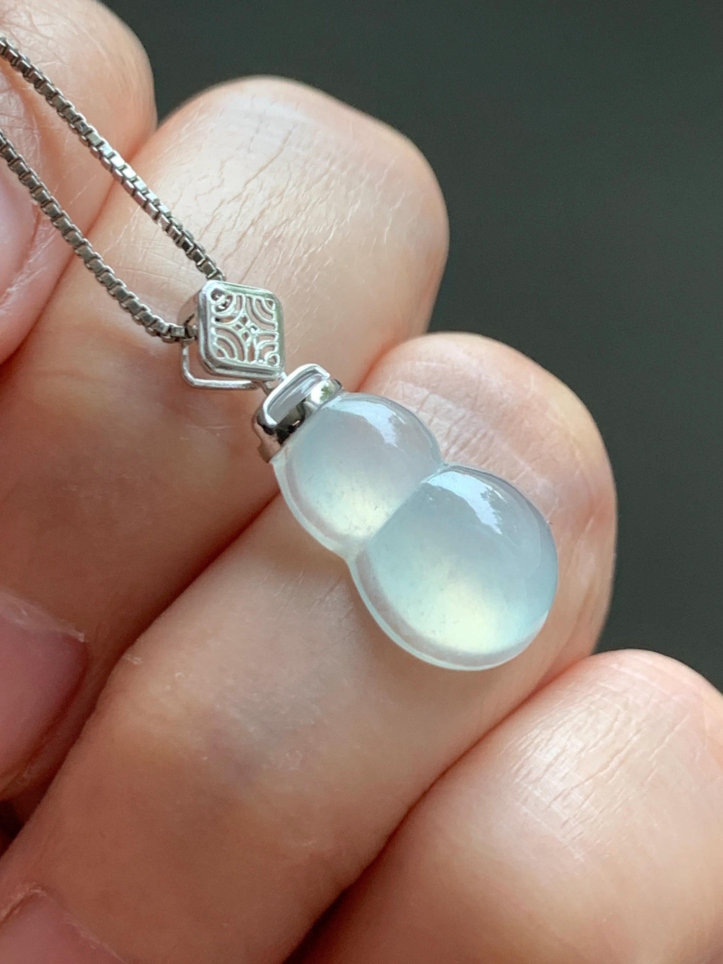 Certified Natural Grade A Premium Icy Highly Translucent White Jade Jadeite Hulu Gourd Pendant 18K White Gold 2g 天然起冰起光白冰翡翠葫芦镶嵌吊坠 9453