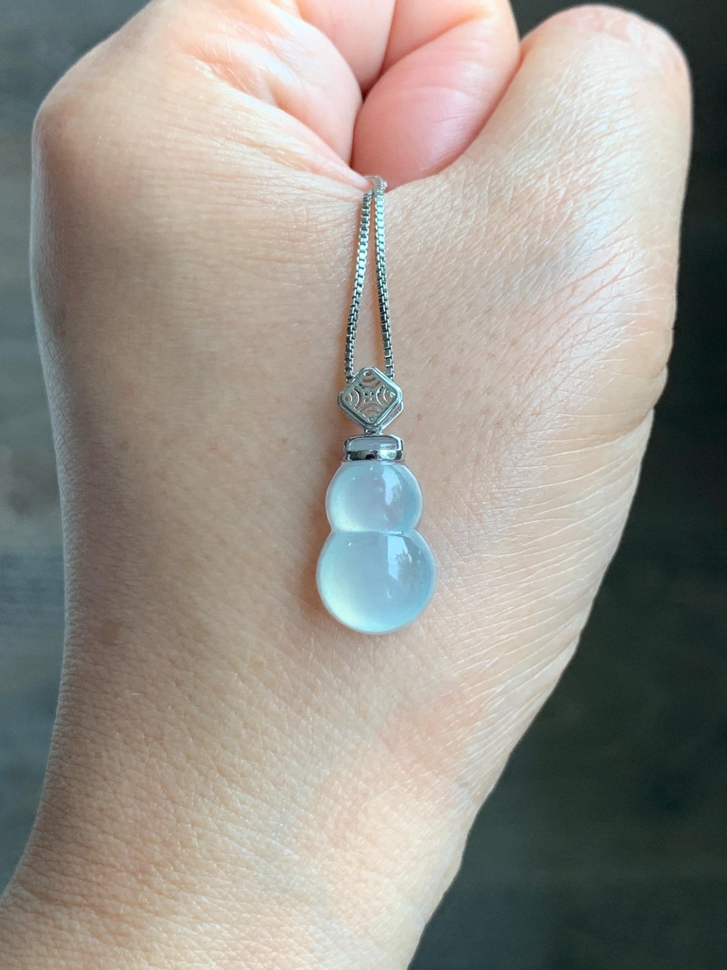 Certified Natural Grade A Premium Icy Highly Translucent White Jade Jadeite Hulu Gourd Pendant 18K White Gold 2g 天然起冰起光白冰翡翠葫芦镶嵌吊坠 9453