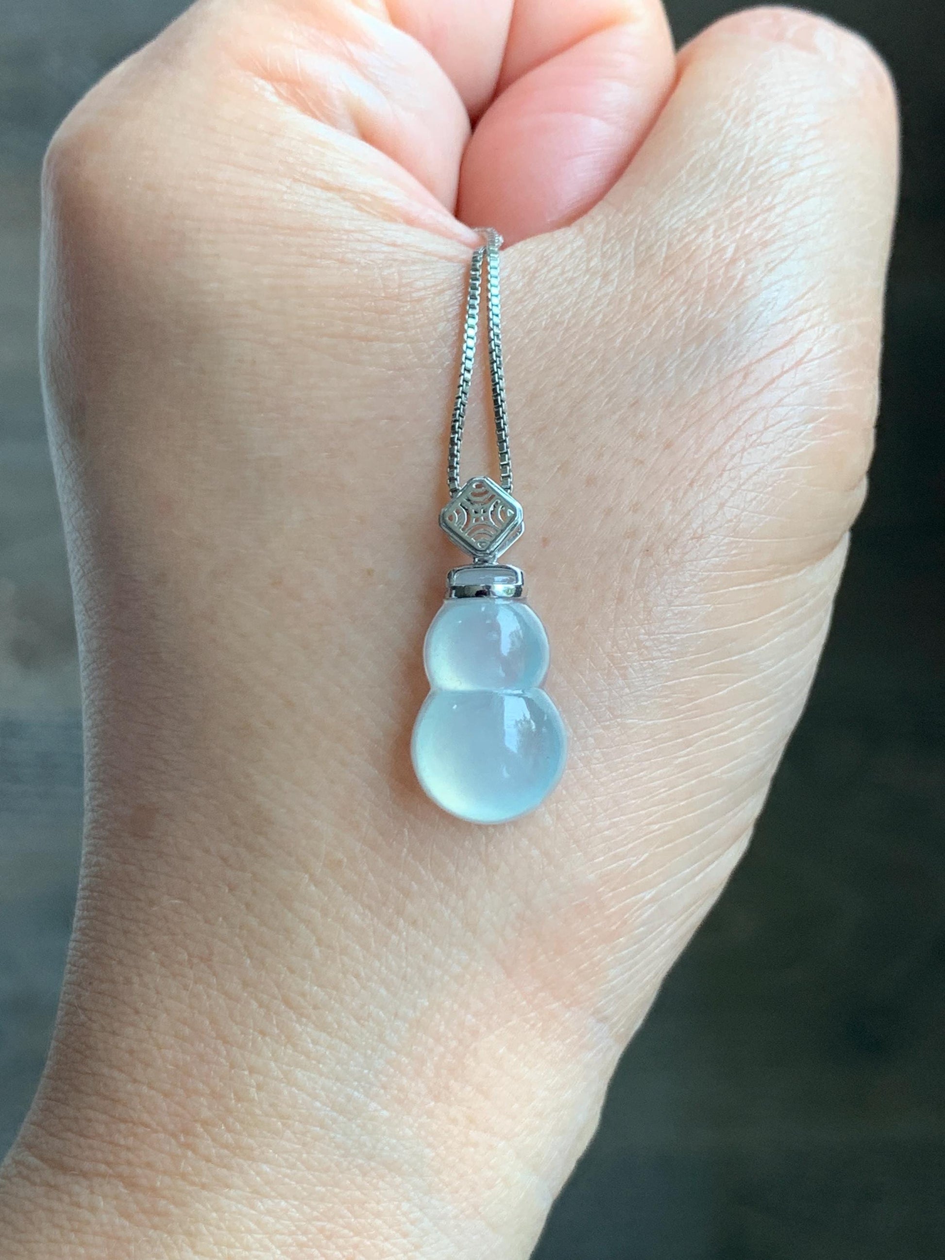Certified Natural Grade A Premium Icy Highly Translucent White Jade Jadeite Hulu Gourd Pendant 18K White Gold 2g 天然起冰起光白冰翡翠葫芦镶嵌吊坠 9453