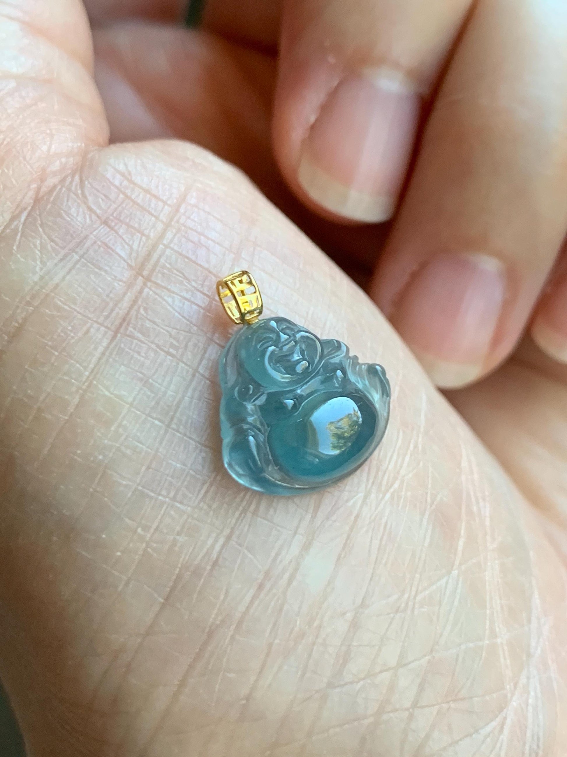 Natural Grade A Guatemalan Icy Highly Translucent Teal Blue Jade Jadeite Buddha Petite Pendant 18K Yellow Gold 天然冰危蓝翡翠小佛公镶嵌吊坠 XWF115