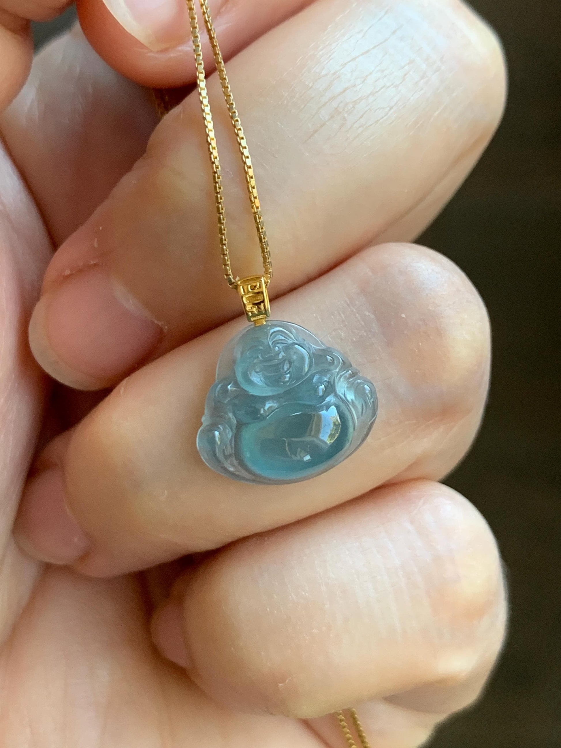 Natural Grade A Guatemalan Icy Highly Translucent Teal Blue Jade Jadeite Buddha Petite Pendant 18K Yellow Gold 天然冰危蓝翡翠小佛公镶嵌吊坠 XWF115