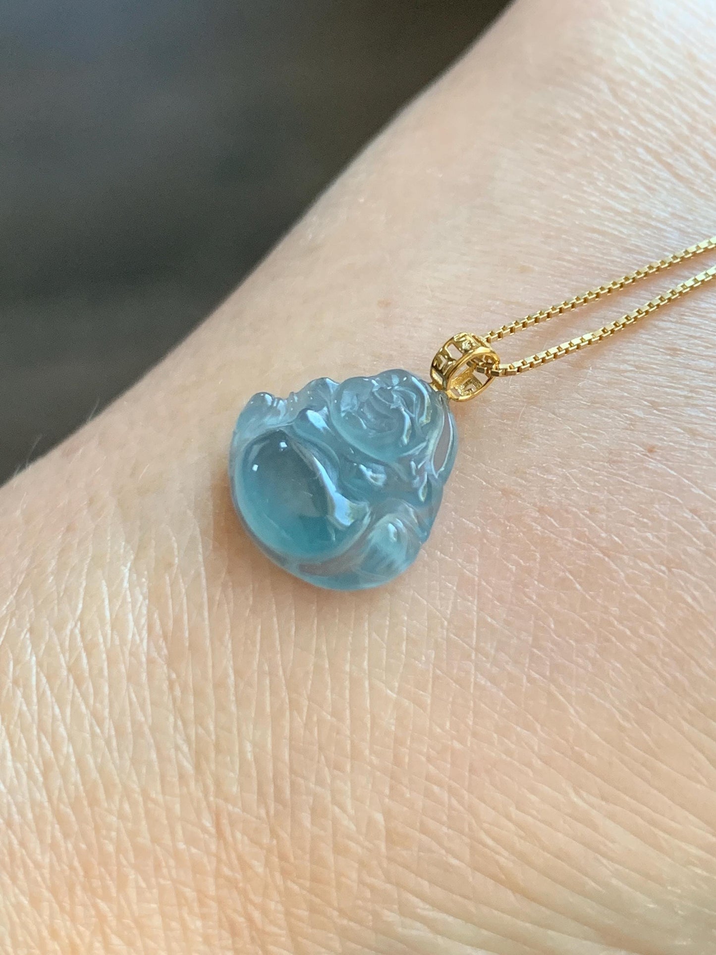 Natural Grade A Guatemalan Icy Highly Translucent Teal Blue Jade Jadeite Buddha Petite Pendant 18K Yellow Gold 天然冰危蓝翡翠小佛公镶嵌吊坠 XWF115