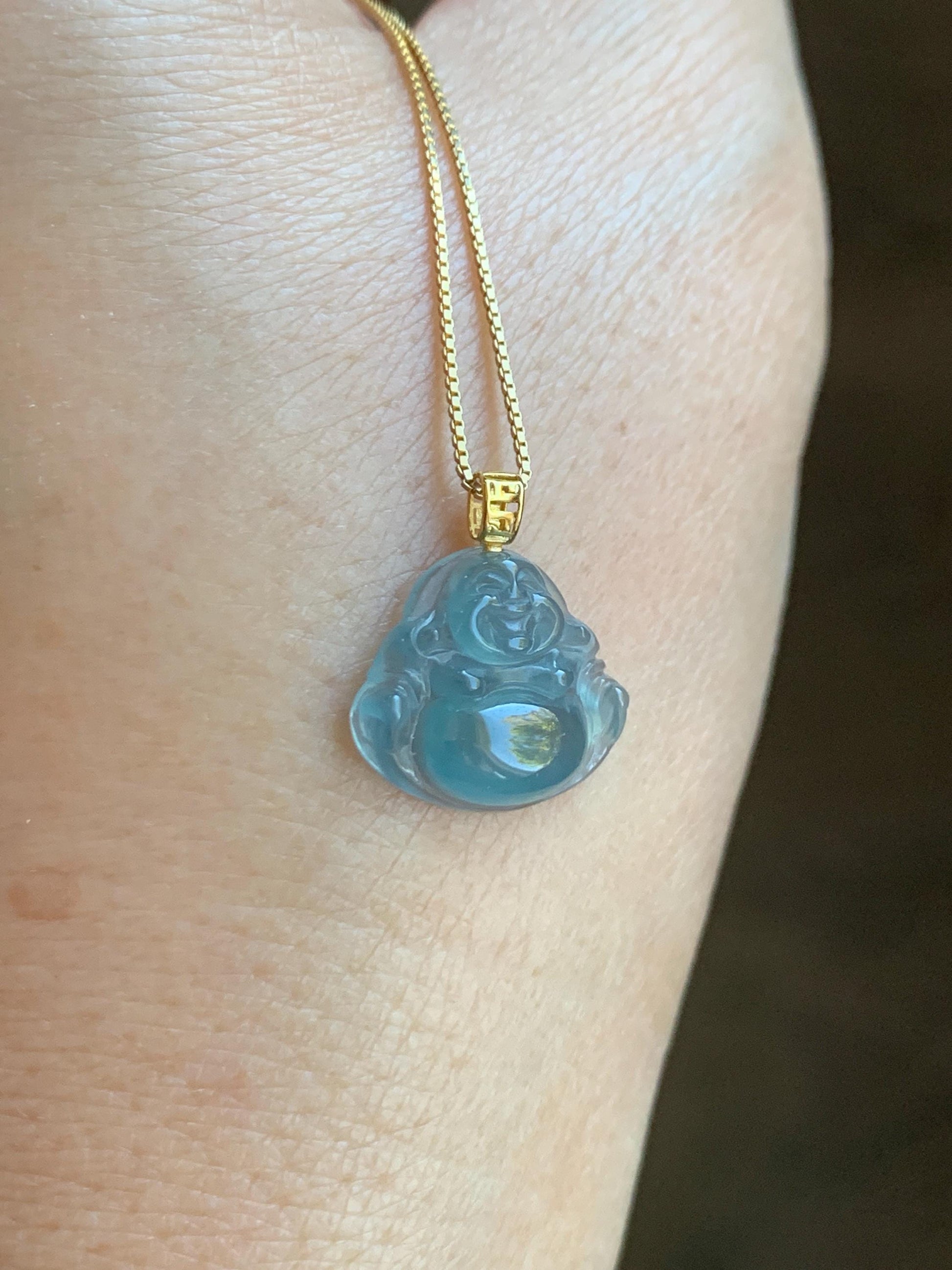 Natural Grade A Guatemalan Icy Highly Translucent Teal Blue Jade Jadeite Buddha Petite Pendant 18K Yellow Gold 天然冰危蓝翡翠小佛公镶嵌吊坠 XWF115