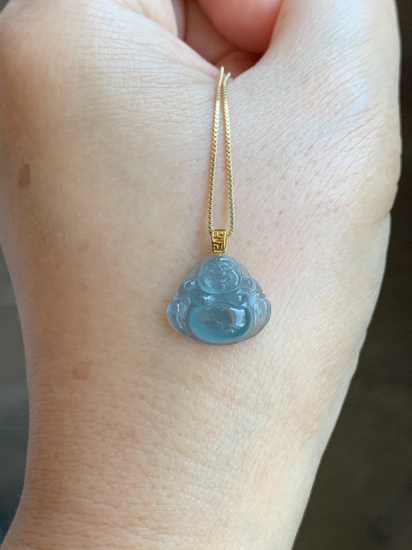 Natural Grade A Guatemalan Icy Highly Translucent Teal Blue Jade Jadeite Buddha Petite Pendant 18K Yellow Gold 天然冰危蓝翡翠小佛公镶嵌吊坠 XWF115
