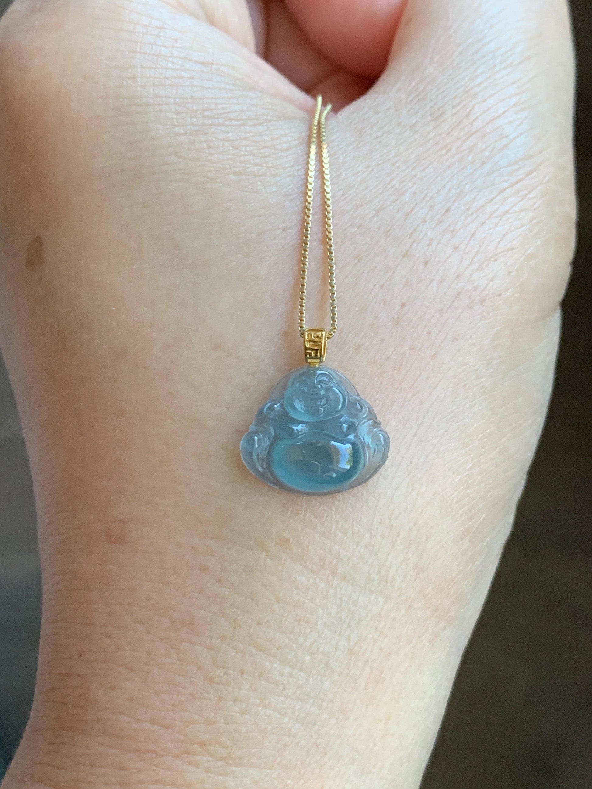 Natural Grade A Guatemalan Icy Highly Translucent Teal Blue Jade Jadeite Buddha Petite Pendant 18K Yellow Gold 天然冰危蓝翡翠小佛公镶嵌吊坠 XWF115