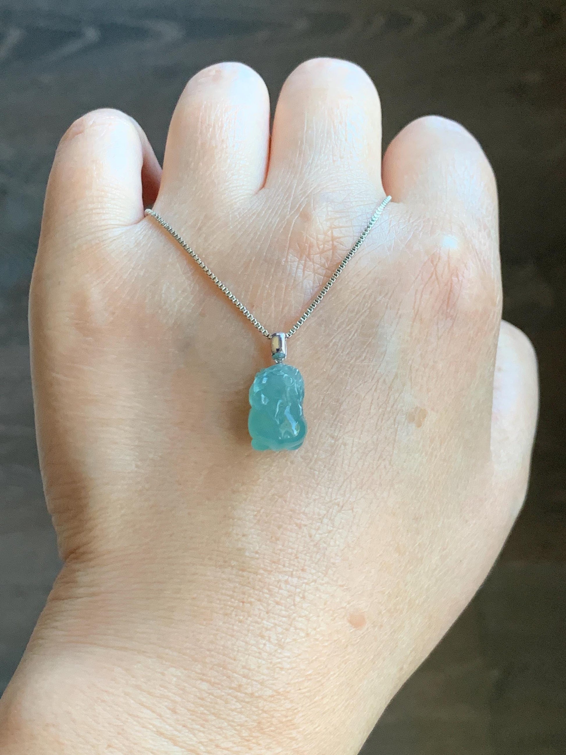 Natural Grade A Guatemalan Icy highly Translucent Gelatinous Teal Jade Jadeite Pudgy Pixiu Pendant 18K White Gold 天然老种冰危蓝起胶翡翠小貔貅吊坠 JGP160A
