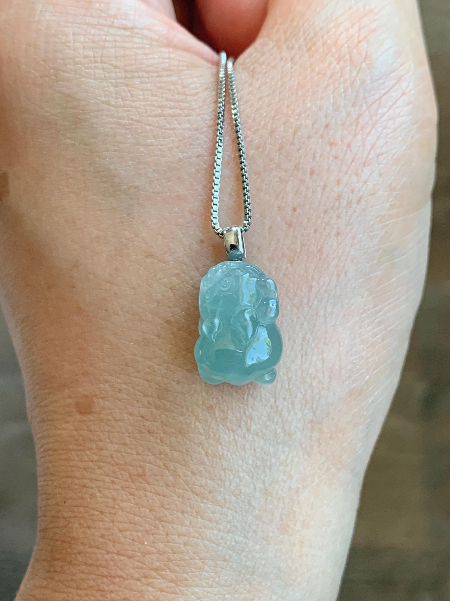 Natural Grade A Guatemalan Icy highly Translucent Gelatinous Teal Blue Jadeite Pudgy Pixiu Pendant 18K White Gold 天然老种冰危蓝起胶翡翠小貔貅吊坠 JGP160B