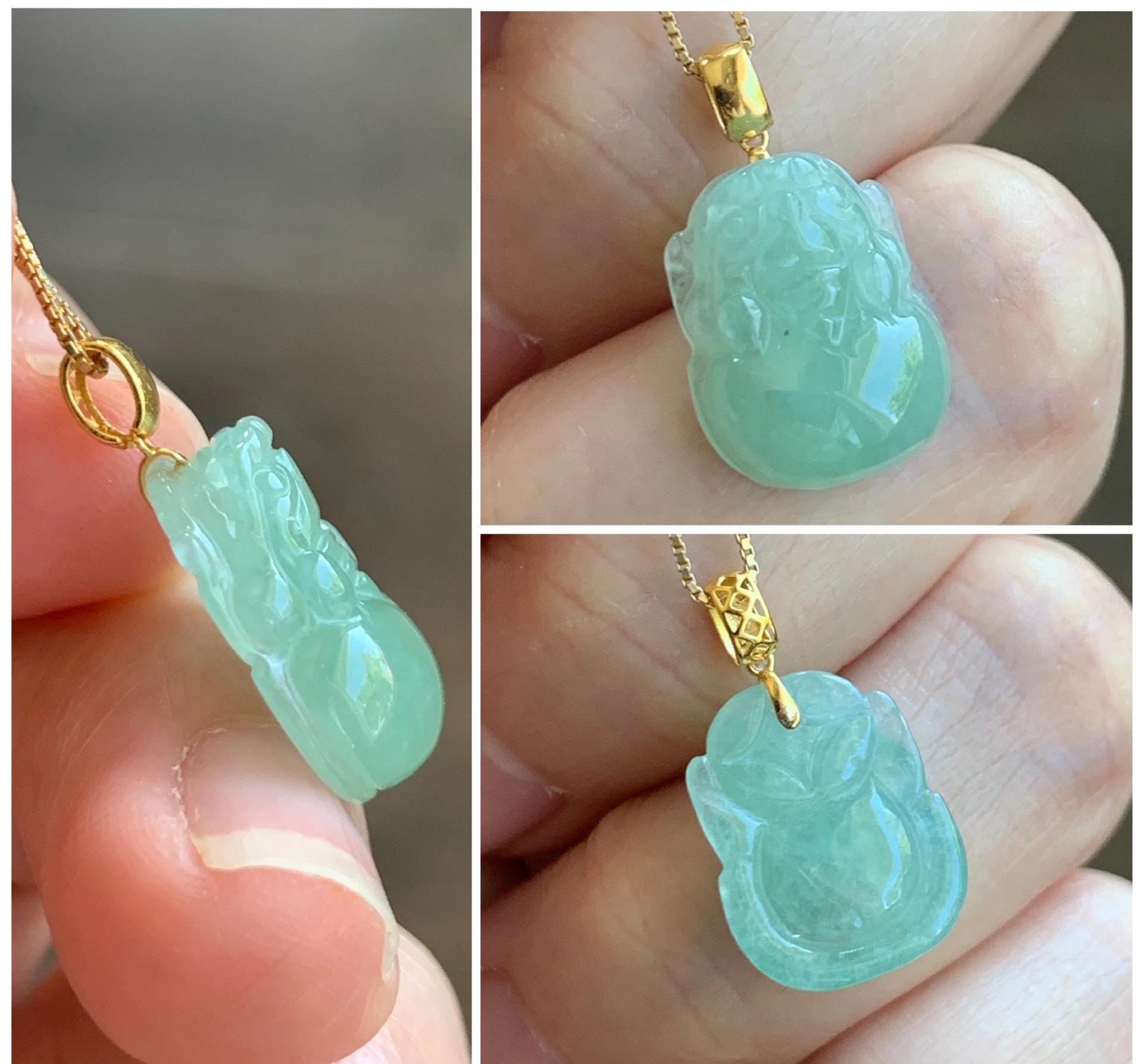 PETITE Natural Grade A Icy Translucent Light Green Jade Jadeite Carved Pixiu Pendant 18K Yellow Gold 天然冰绿翡翠貔貅吊坠 ZYC179
