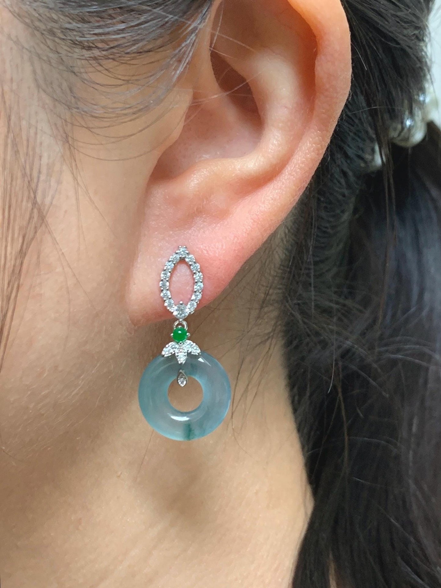 Natural Guatemalan Icy Highly Translucent Dusty Teal Blue Jade Jadeite Ping An Kou Donut Stud Earrings Sterling Silver 天然冰危蓝翡翠平安扣银耳钉 WPD110