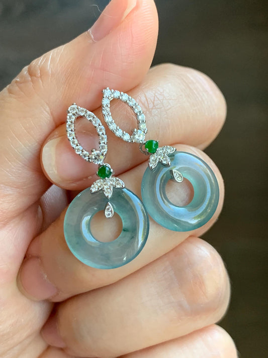 Natural Guatemalan Icy Highly Translucent Dusty Teal Blue Jade Jadeite Ping An Kou Donut Stud Earrings Sterling Silver 天然冰危蓝翡翠平安扣银耳钉 WPD110