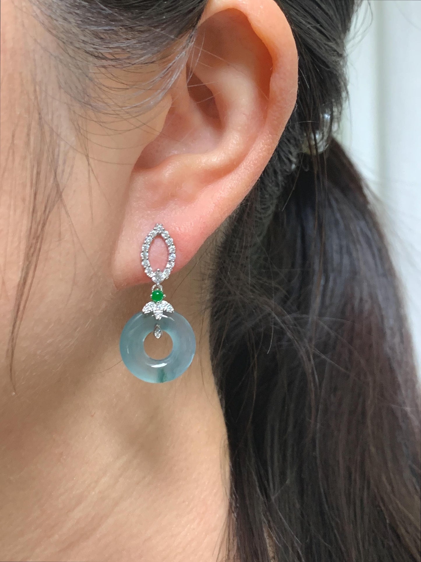 Natural Guatemalan Icy Highly Translucent Dusty Teal Blue Jade Jadeite Ping An Kou Donut Stud Earrings Sterling Silver 天然冰危蓝翡翠平安扣银耳钉 WPD110