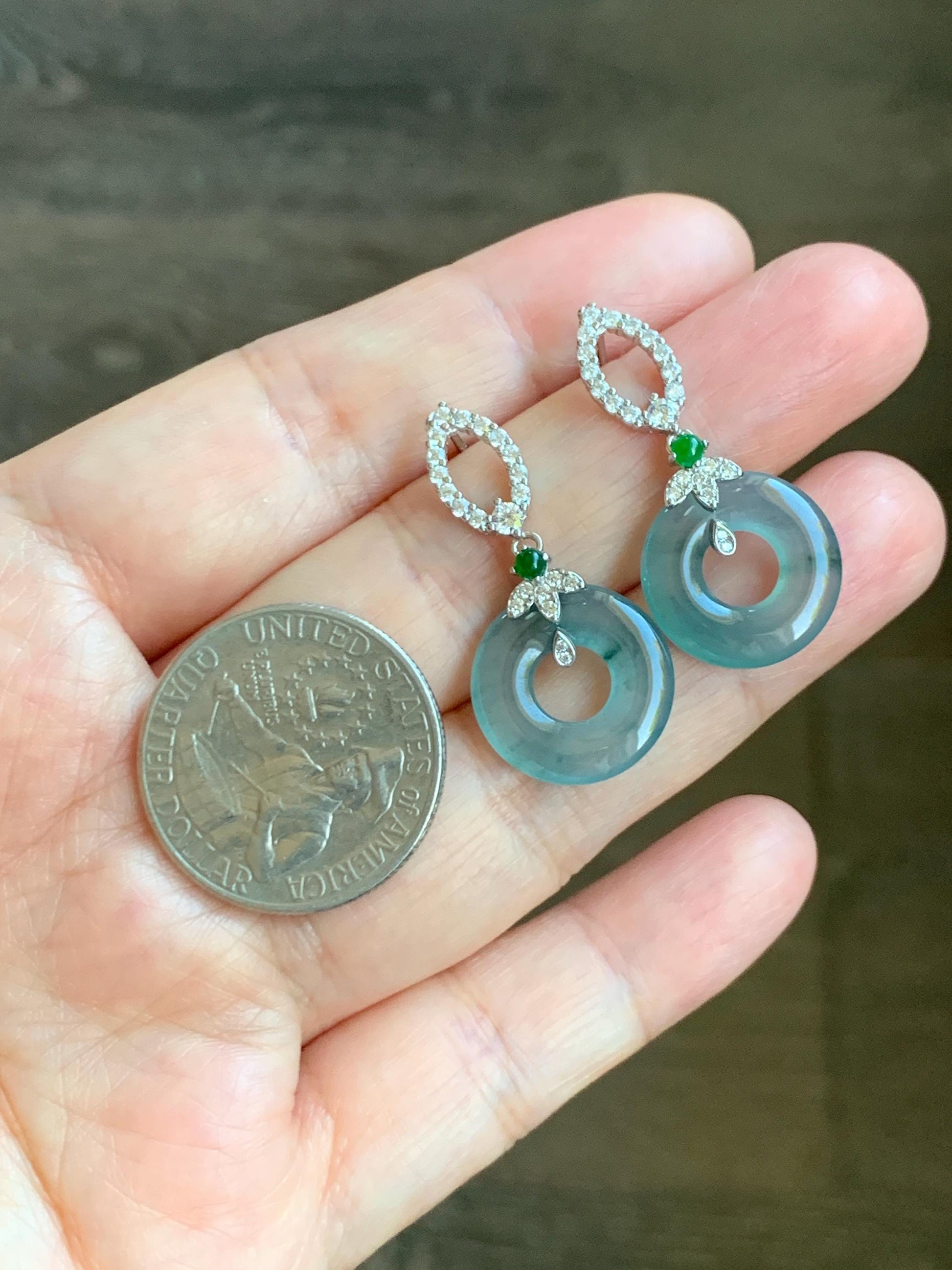 Natural Guatemalan Icy Highly Translucent Dusty Teal Blue Jade Jadeite Ping An Kou Donut Stud Earrings Sterling Silver 天然冰危蓝翡翠平安扣银耳钉 WPD110