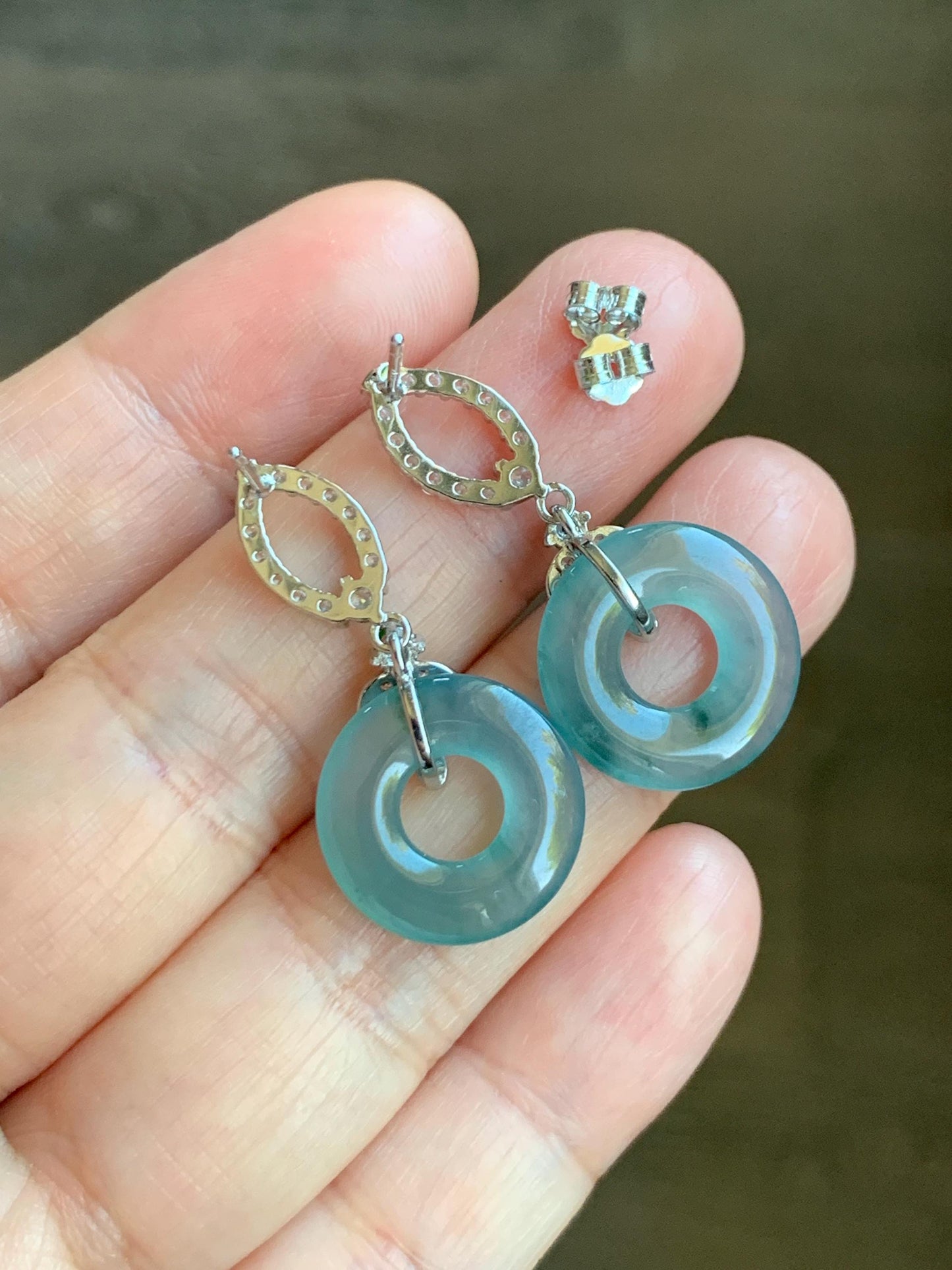 Natural Guatemalan Icy Highly Translucent Dusty Teal Blue Jade Jadeite Ping An Kou Donut Stud Earrings Sterling Silver 天然冰危蓝翡翠平安扣银耳钉 WPD110