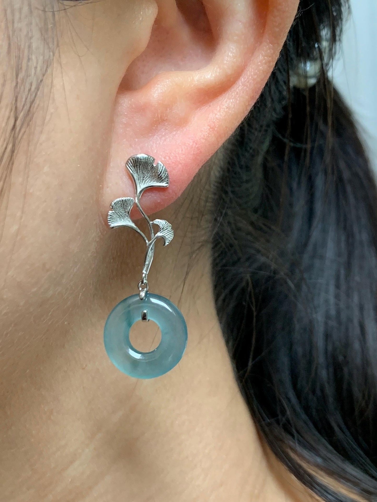 Natural Guatemalan Icy Highly Translucent Light Teal Jade Jadeite Ping An Kou Donut Stud Earrings Sterling Silver 天然冰危蓝绿翡翠平安扣银杏叶AB款耳钉 YAB110