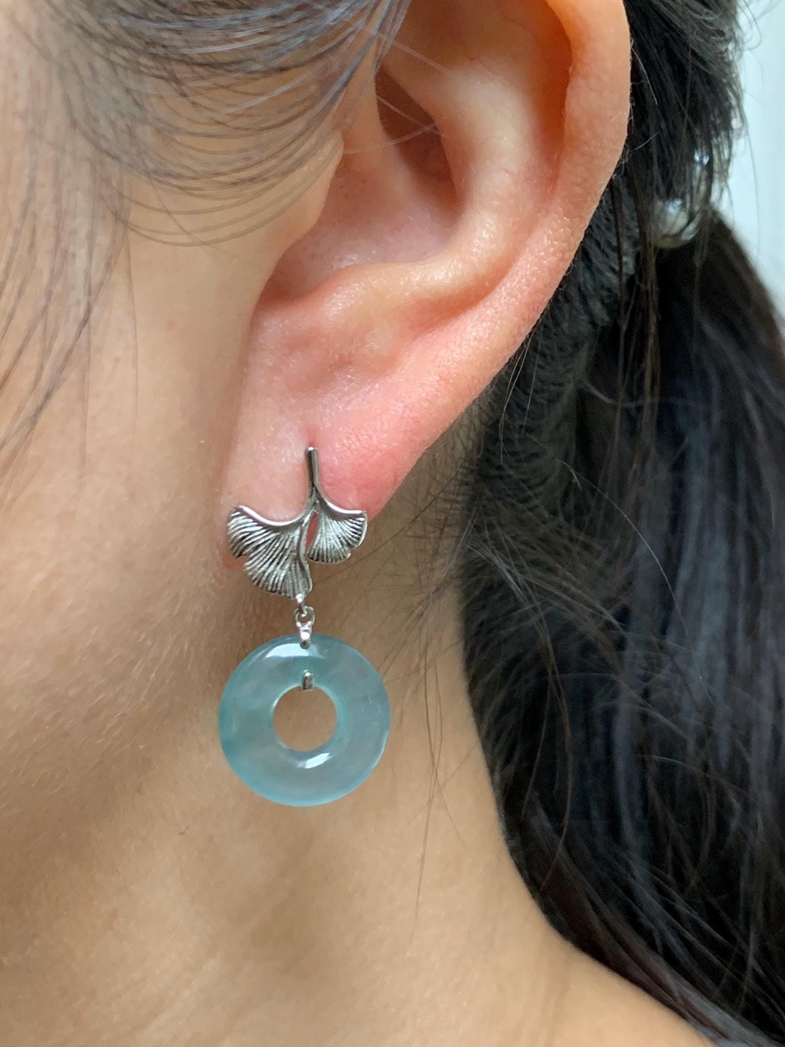 Natural Guatemalan Icy Highly Translucent Light Teal Jade Jadeite Ping An Kou Donut Stud Earrings Sterling Silver 天然冰危蓝绿翡翠平安扣银杏叶AB款耳钉 YAB110