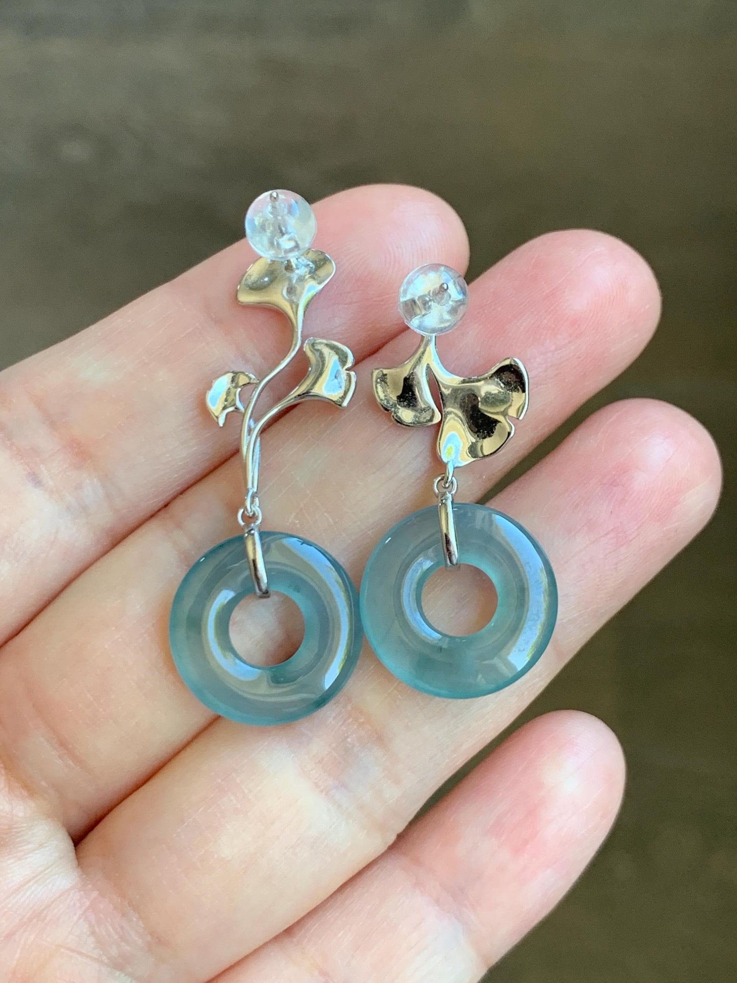 Natural Guatemalan Icy Highly Translucent Light Teal Jade Jadeite Ping An Kou Donut Stud Earrings Sterling Silver 天然冰危蓝绿翡翠平安扣银杏叶AB款耳钉 YAB110