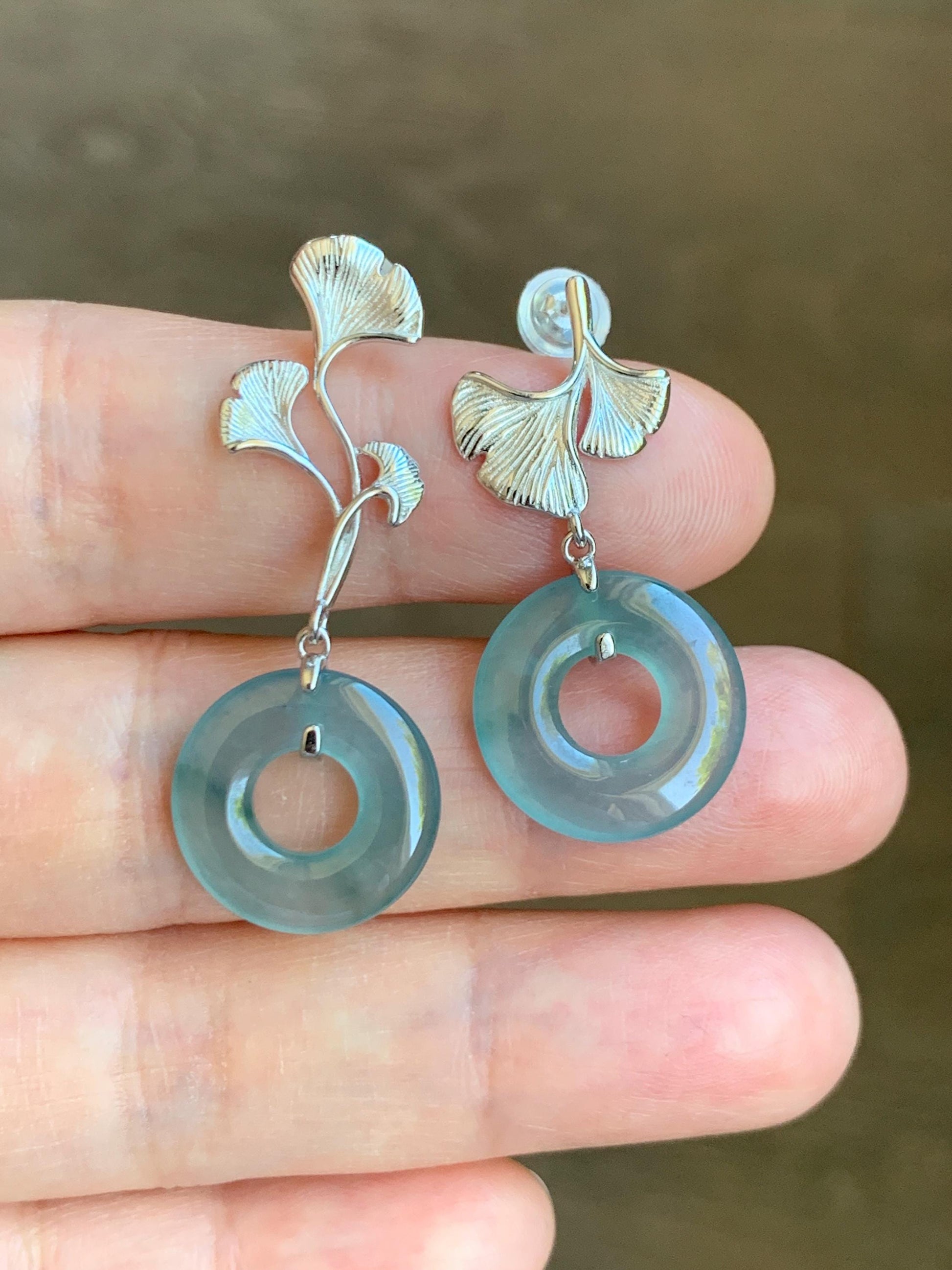 Natural Guatemalan Icy Highly Translucent Light Teal Jade Jadeite Ping An Kou Donut Stud Earrings Sterling Silver 天然冰危蓝绿翡翠平安扣银杏叶AB款耳钉 YAB110