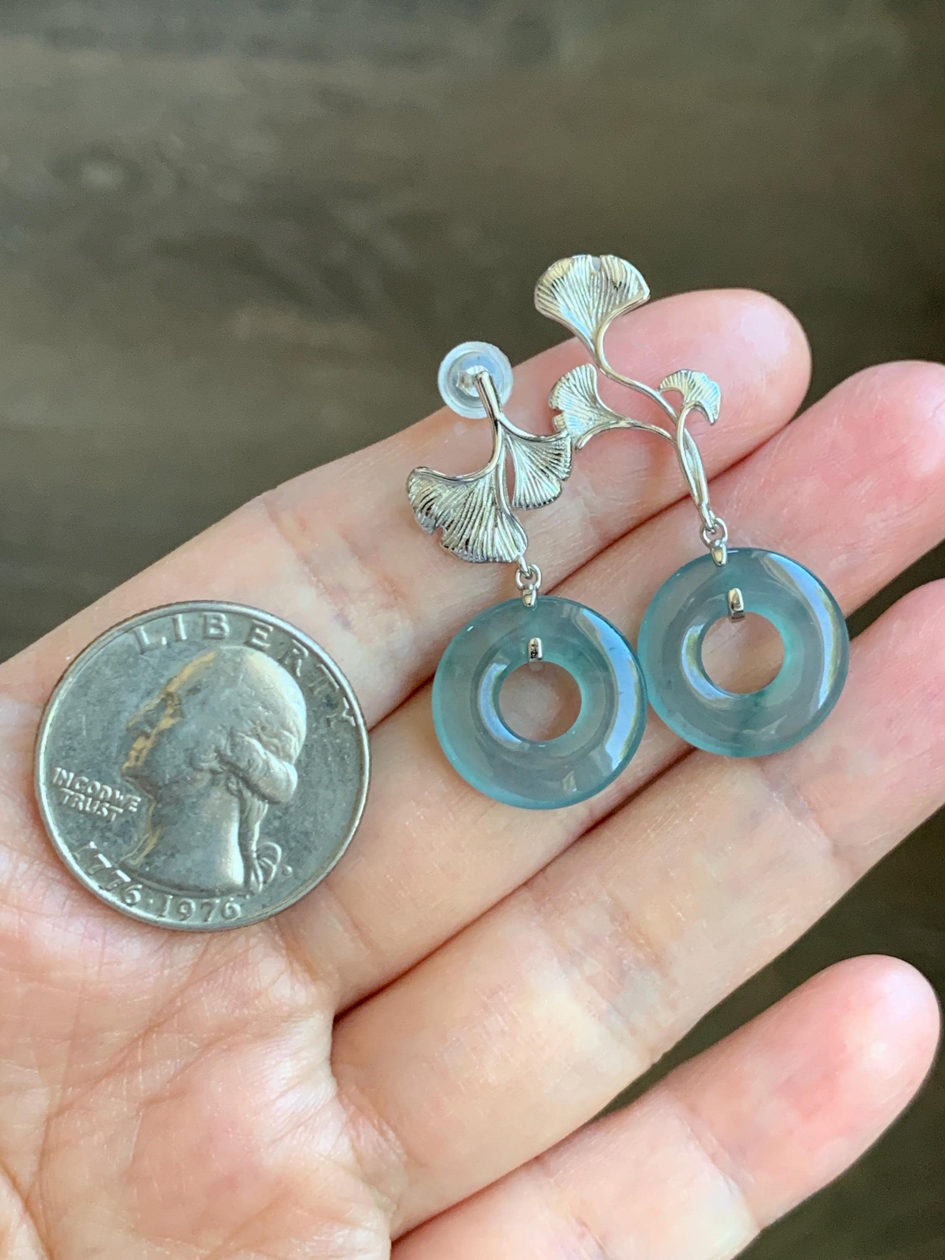 Natural Guatemalan Icy Highly Translucent Light Teal Jade Jadeite Ping An Kou Donut Stud Earrings Sterling Silver 天然冰危蓝绿翡翠平安扣银杏叶AB款耳钉 YAB110