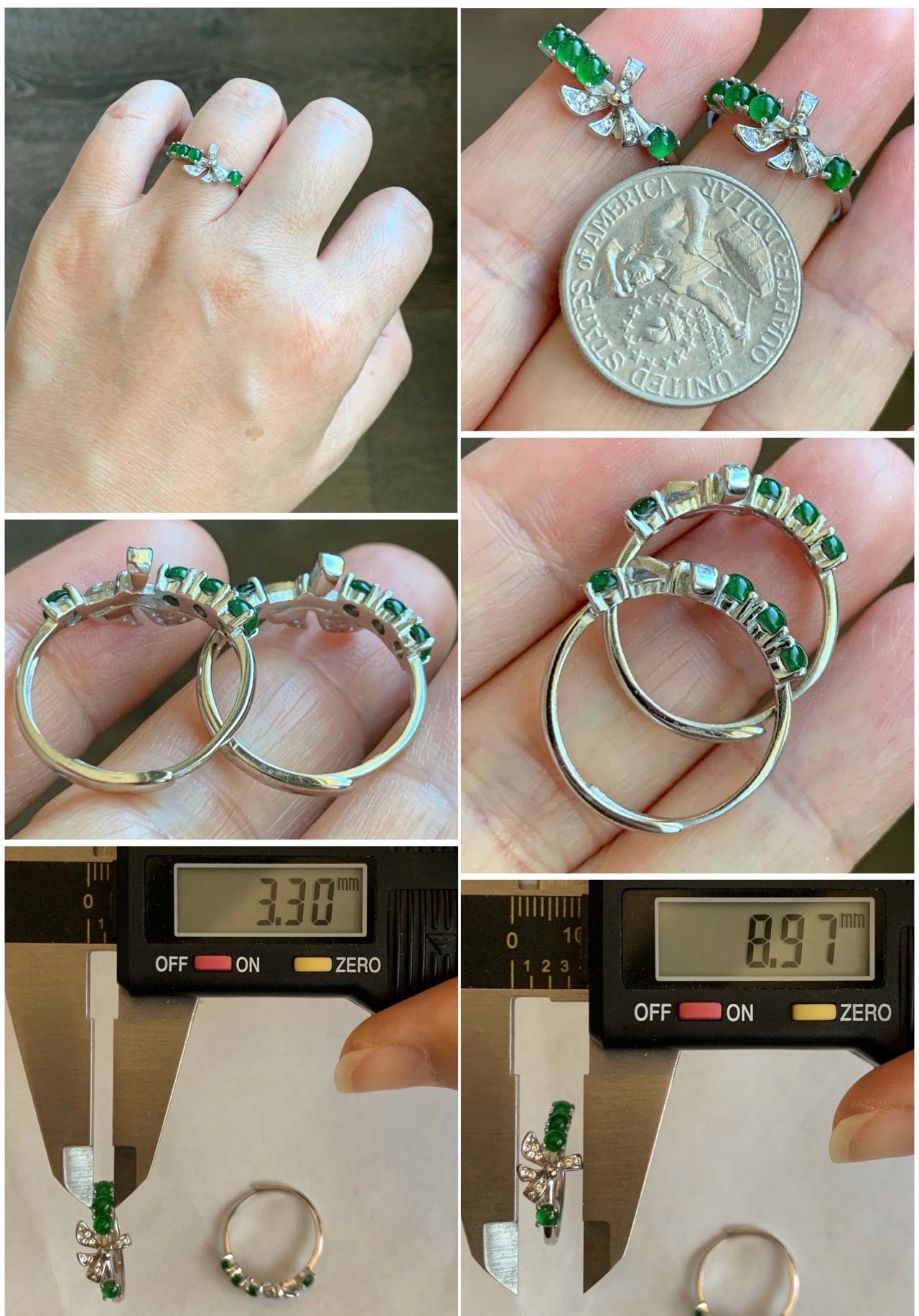 Natural Grade A Guatemalan Icy Translucent Vibrant Green Jade Jadeite Bow Design Sterling Silver Ring 天然冰危绿翡翠蝴蝶结款银镶戒指 LHD110
