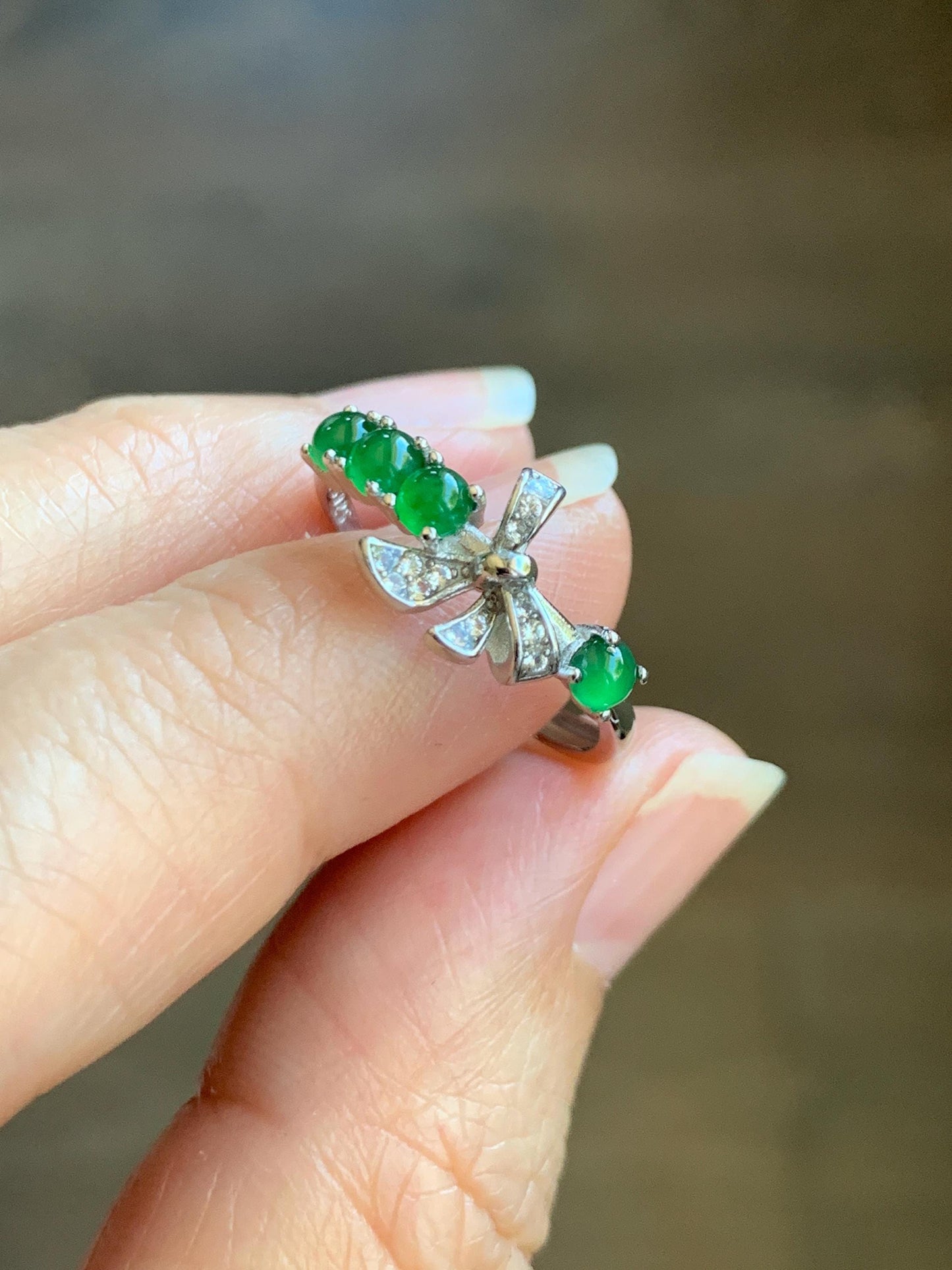 Natural Grade A Guatemalan Icy Translucent Vibrant Green Jade Jadeite Bow Design Sterling Silver Ring 天然冰危绿翡翠蝴蝶结款银镶戒指 LHD110