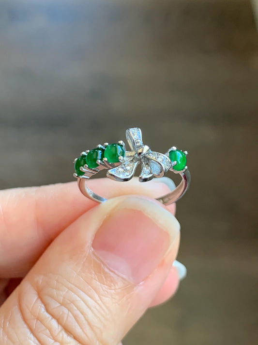 Natural Grade A Guatemalan Icy Translucent Vibrant Green Jade Jadeite Bow Design Sterling Silver Ring 天然冰危绿翡翠蝴蝶结款银镶戒指 LHD110
