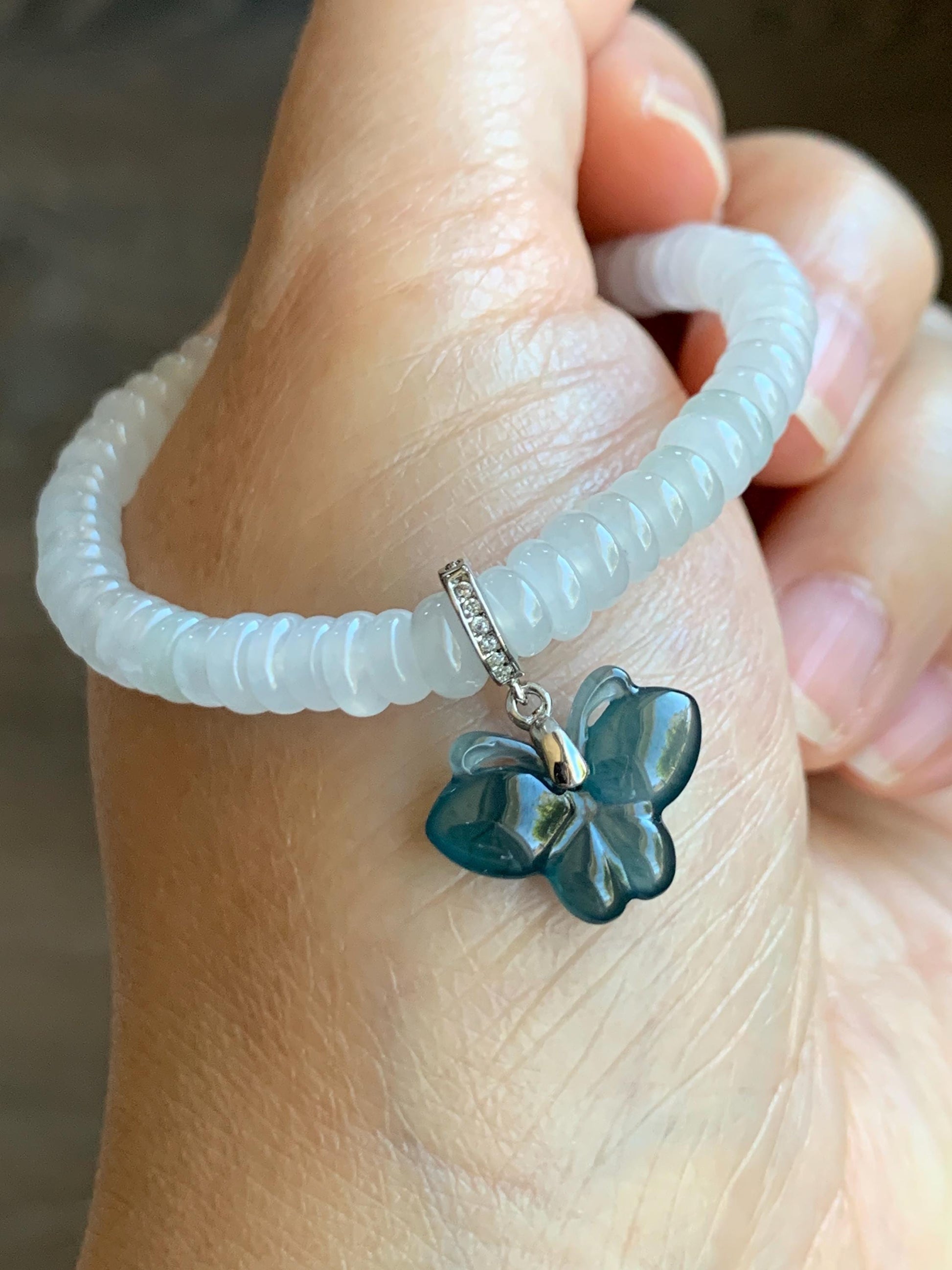 Natural Grade A Guatemalan Icy Highly Translucent Aegean Blue Jade Jadeite Butterfly Charm Pendant Sterling Silver 天然冰危牛仔蓝翡翠蝴蝶吊坠 HDS120