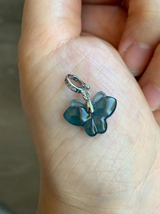 Natural Grade A Guatemalan Icy Highly Translucent Aegean Blue Jade Jadeite Butterfly Charm Pendant Sterling Silver 天然冰危牛仔蓝翡翠蝴蝶吊坠 HDS120