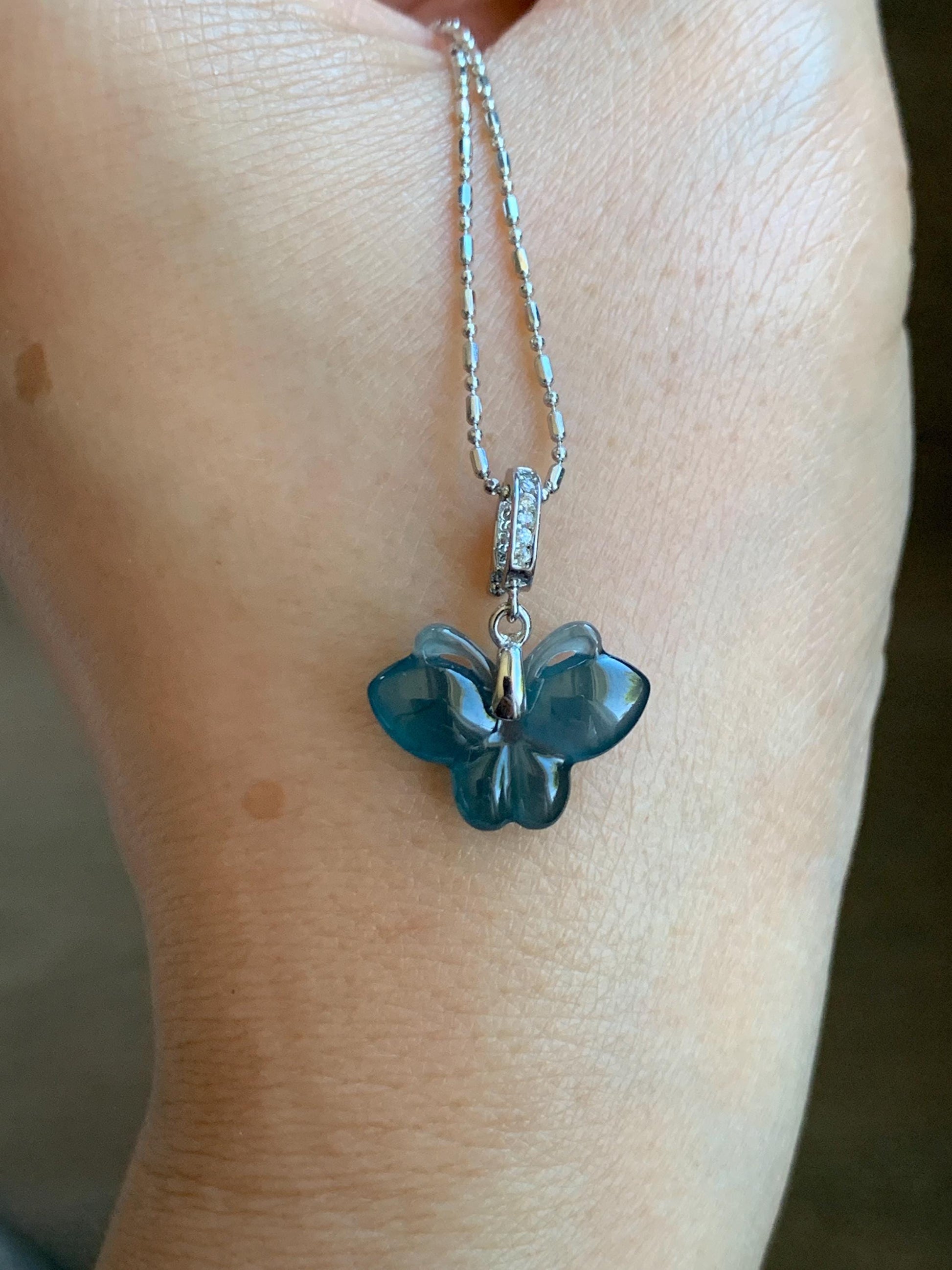 Natural Grade A Guatemalan Icy Highly Translucent Aegean Blue Jade Jadeite Butterfly Charm Pendant Sterling Silver 天然冰危牛仔蓝翡翠蝴蝶吊坠 HDS120